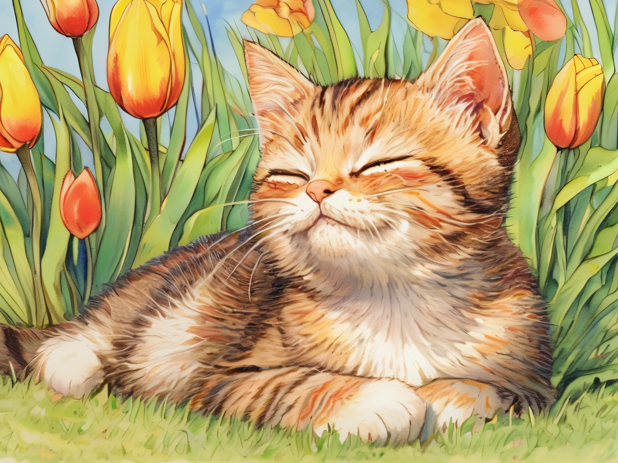 A contented orange tabby kitten sits among blooming tulips, eyes closed and face lifted towards the sky, as if savoring the warmth of the sun. The tulips in shades of yellow and red add vibrant splashes of color to the lush green grass. A delicate butterfly flutters nearby, enhancing the joyful and serene atmosphere of this sunny scene,
ddpapa,masterpiece, best quality,