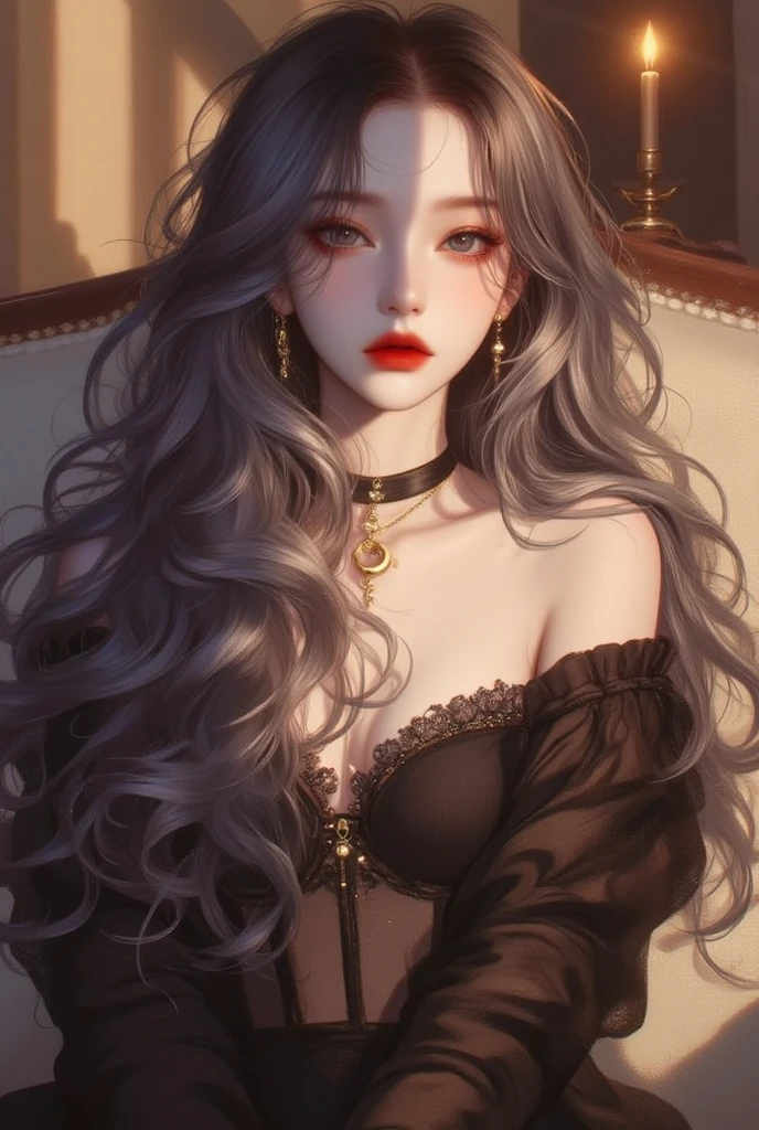 A beautiful young  woman with long silver purplish hair, pale skin, freckless and violet eyes. Has mole under her left eye. Wearing a black lingerie and moon necklace. Posing on a couch in an apartment with warm lighting. High quality, semi realism digital art style, avoid blank stares and add some expression on the character's face.