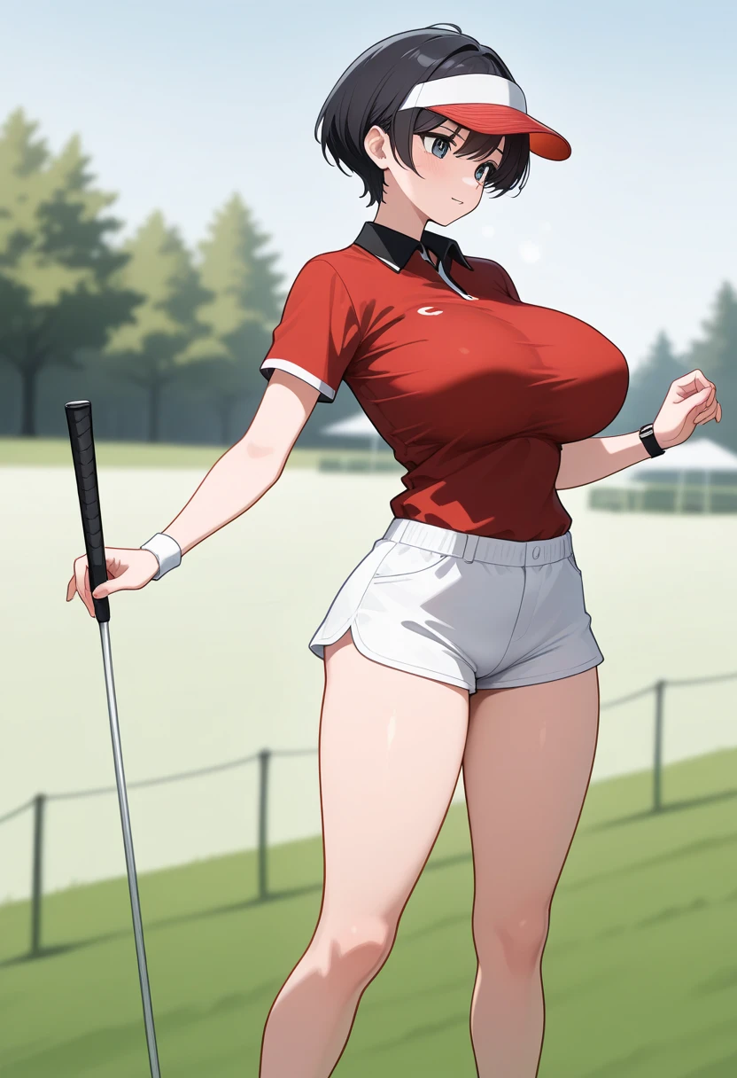 masterpiece, top quality  , safe,  1 girl　cool and handsome boyish 20 year old, , big breasts　 short hair　 slender figure 　nsfw　 is leggy　 thin waist　 golf wear 　Outdoor　 golf course　 visor
