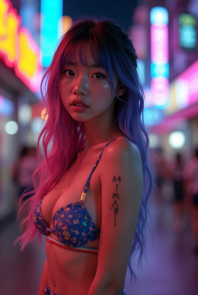 Realistic, 1girl in, Colorful hair, Purple eyes, Glowing eyes, cropped top, Skirt, Parted lips, blush, Night, Flowers, Sun, Sun, Sexy, Feminine, Seductive, Provocative, Multi-angle, ((1girl in)),Girl in fancy streetwear, neotokyo, Centered| Convoluted| Highly detailed| Breathtaking beauty| precise lineart| Vibrant| comprehensive cinematic| Carne Griffiths| Conrad Roset, 8K, Oil Painting, Cinematic lighting, rainy, ((The tattoo)),(Fancy hair color)),((random facial expression)),smirk grin,all-fours,Bright hair color
