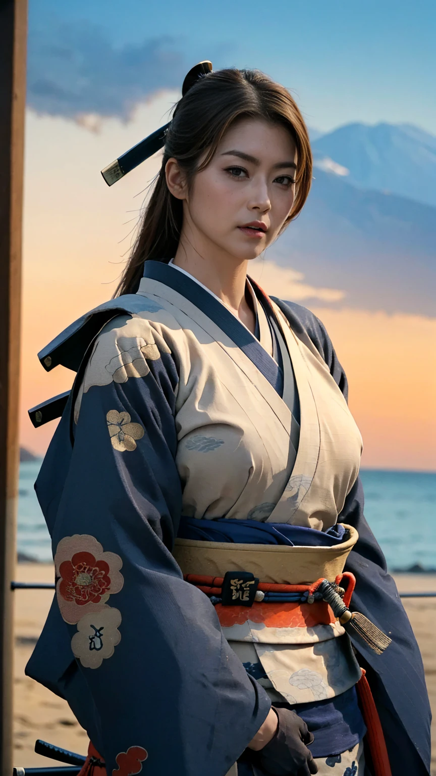  high res, masterpiece,  Anatomically Accurate,  Ultra Fine,  textured skin, woman、 big breasts、 PERFECT STYLE 、Maid、Swordsman、 Japanese Castle Towns、 in the middle of the night、 Astonishing Eye、 muscular、solo,  slender body at the excited beach、(((Breasted Samurai Kimono))),4K、Artistic, Cinematography, 