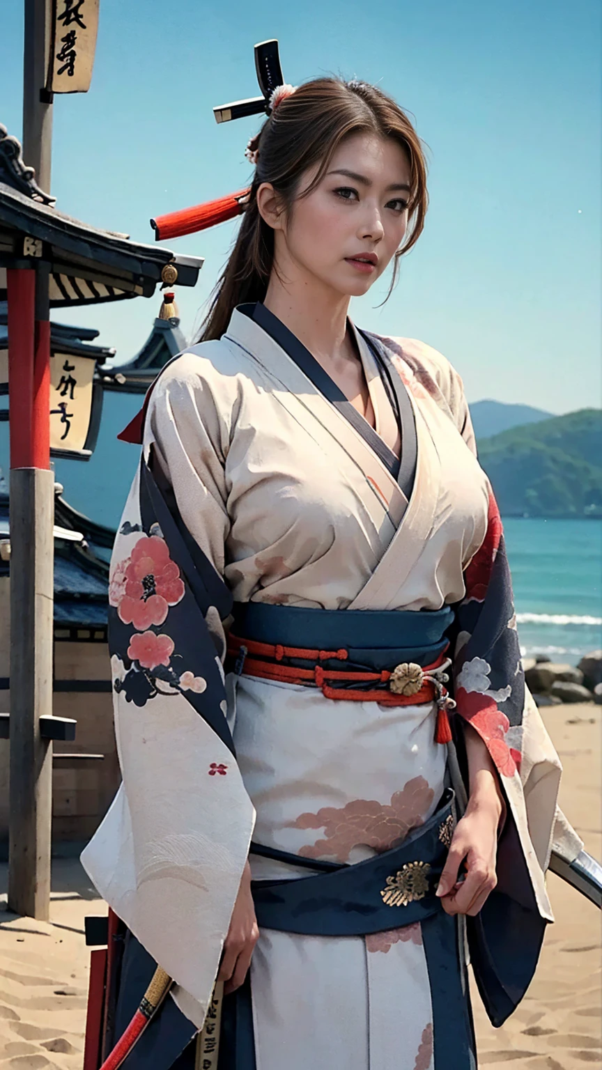 high res, masterpiece, Anatomically Accurate, Ultra Fine, textured skin, woman、 big breasts、 PERFECT STYLE 、Maid、Swordsman、 Japanese Castle Towns、 in the middle of the night、 Astonishing Eye、 muscular、solo, slender body at the excited beach、(((Breasted Samurai Kimono))),4K、Artistic, Cinematography,