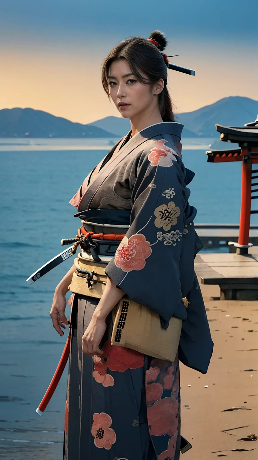  high res, masterpiece,  Anatomically Accurate,  Ultra Fine,  textured skin, woman、 big breasts、 PERFECT STYLE 、Maid、Swordsman、 Japanese Castle Towns、 in the middle of the night、 Astonishing Eye、 muscular、solo,  slender body at the excited beach、(((Breasted Samurai Kimono))),4K、Artistic, Cinematography, 