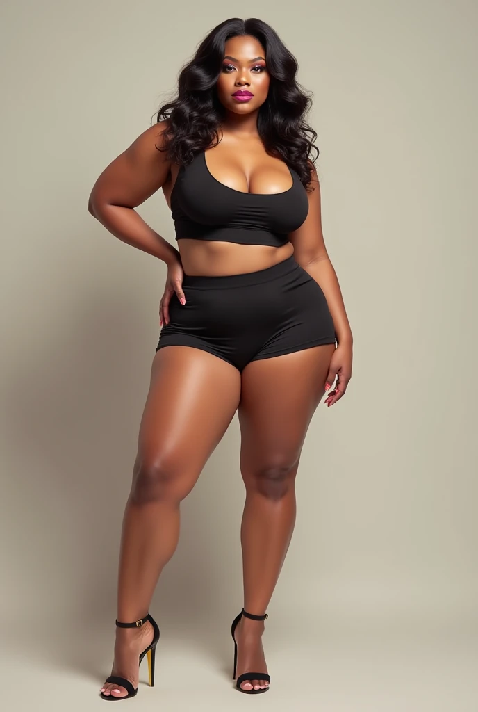 ((masterpiece, best quality)), heavyset black woman with medium length (black hair) in white tanktop and (white high cut panties), dark brown eyes, red lipstick, standing in bathroom, (well lit room), photo realistic, intricate details