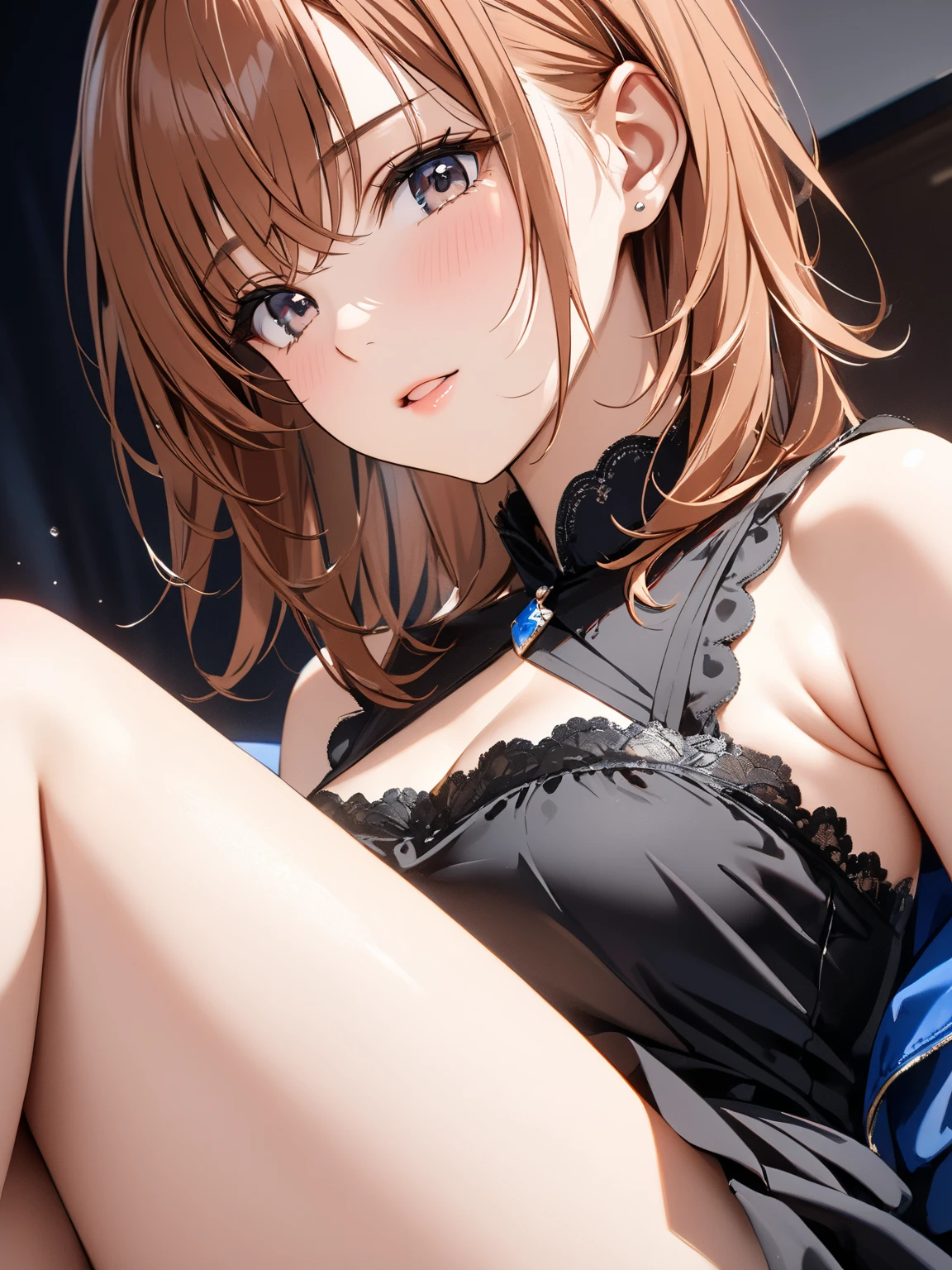 ４ｋqulity, top-quality, Misaka_mikoto, Brown-eyed, Short_hair, Small_Breast,）on the beds　Pink lingerie　１６age　sexypose　bewitching sweat　soaked body　Miwaki　beautiful legit abs　Angry face　koi