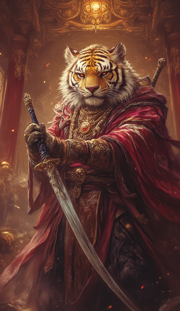 A majestic tiger warrior in colorful silk robes and golden jewelry, holding a curved sword in a palace.