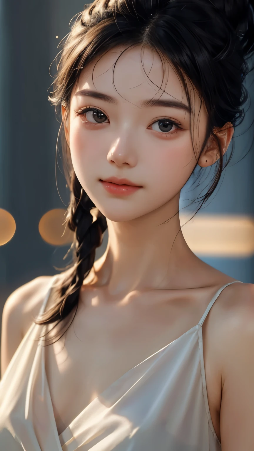  One Girl , 18 years old, Hair Up、 beautiful hairstyle 、  black hair,   detailed face ,  watch viewer,  realistic ,  written border depth, Cinematic lighting、Soft light、 soft focus、Bokeh,  simple background、 blur the background  、 8k, masterpiece,  top quality ,  RAW photo,