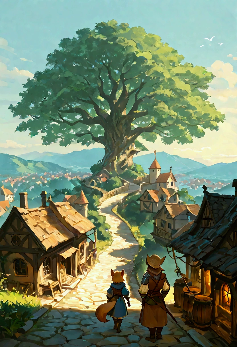 Bustling medieval fantasy tree city with anthropomorphic animal citizens