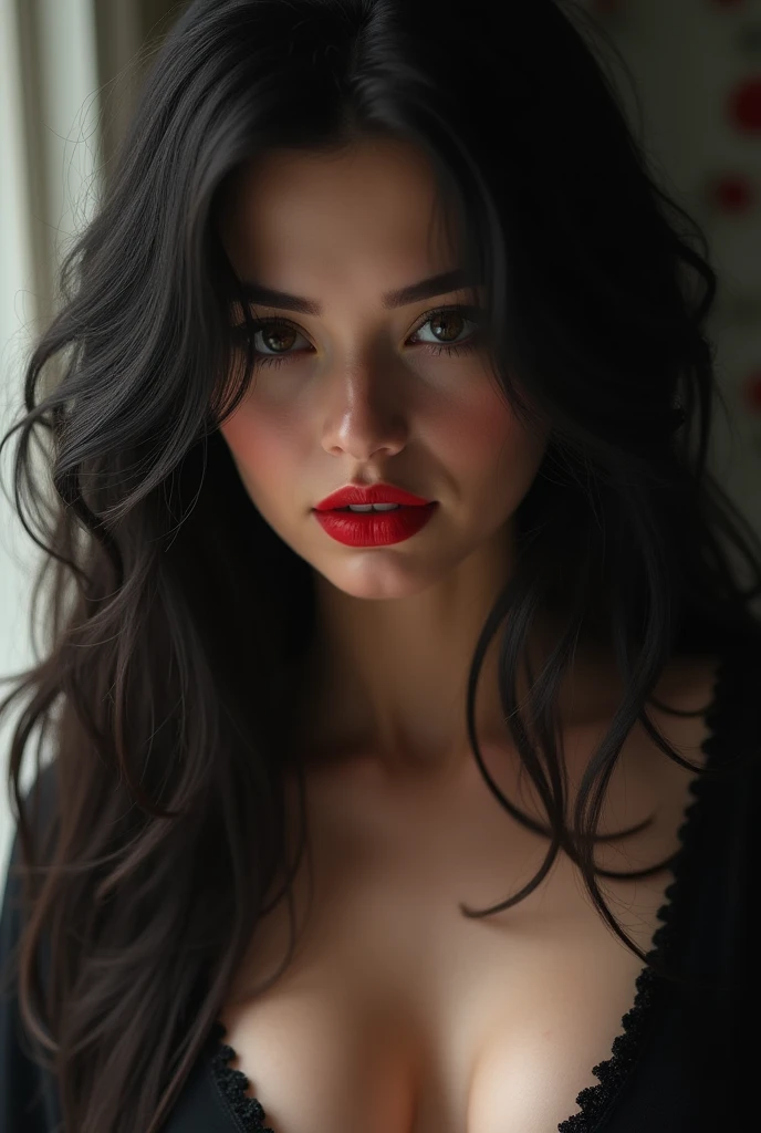 Beautiful veiled girl with long hair, hair sticking out from under the scarf. Big and beautiful black eyes, very high quality and very realistic, dark red lips and black pantyhose, bent down and big breasts, head in profile, flirting with long eyelashes, shadow Black eyes, black eyeliner, cinematic, detailed woman face looking at the camera, blue eyes, hot thick red lips, mouth parted with sensuality, correct deformed fingers, photorealistic, sharpened eyes Big brest nipple nice cleavage seductive poses red lips full body front face nude red underwear