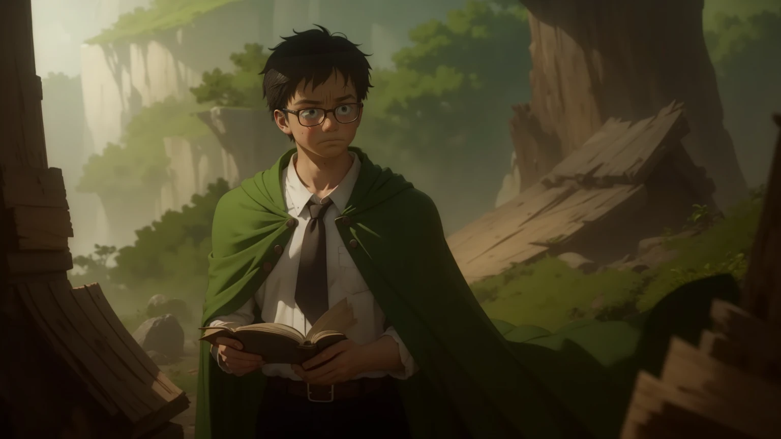 Boy、brown shorts、big round glasses、adventurer、、、、head down、smile, serious、red book in his hands, 20 years old, betrayal、chill、hurt、make up for、forgive、rounded glasses、green cape、full body、brown coat、white shirt、green tie、brown shorts、black boots、dynamic pose、1 person、splash art、exterior background、natural lighting、moody atmosphere、forest environment、realistic proportions、messy hair、subtle tear streaks、soft facial shadows、slightly flushed cheeks、visible emotion、conflicted expression、like features、fine texture on clothing、movement in the cape、dusty boots、intricate detailing on fabric、slight wind effect、focused composition、rich color depth、high contrast shading、detailed foliage backdrop、emotive storytelling pose、immersive perspective、slight tilt in head、downtrodden gaze、small hands、ish innocence. green cape, rich dark green fabric, slightly worn with frayed edges, tattered in places, flowing dramatically in the wind, draped over the shoulders, deep green shade, natural folds and creases, subtle light reflecting off the fabric, heavily textured fabric with slight distressed marks, slightly faded in some areas, vibrant green base color, shading near the edges, green hue consistent with natural lighting, creases showing movement, worn and weathered look, shadowing under the cape for added depth, natural fabric texture visible, ruffled and loose in motion, green tones blending with atmospheric lighting.