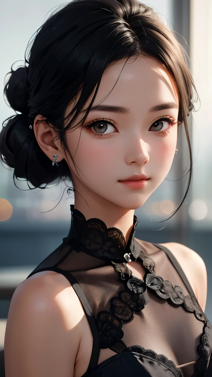  One Girl , 18 years old, Hair Up、 beautiful hairstyle 、  black hair,   detailed face ,  watch viewer,  realistic ,  written border depth, Cinematic lighting、Soft light、 soft focus、Bokeh,  simple background、 blur the background  、 8k, masterpiece,  top quality ,  RAW photo,