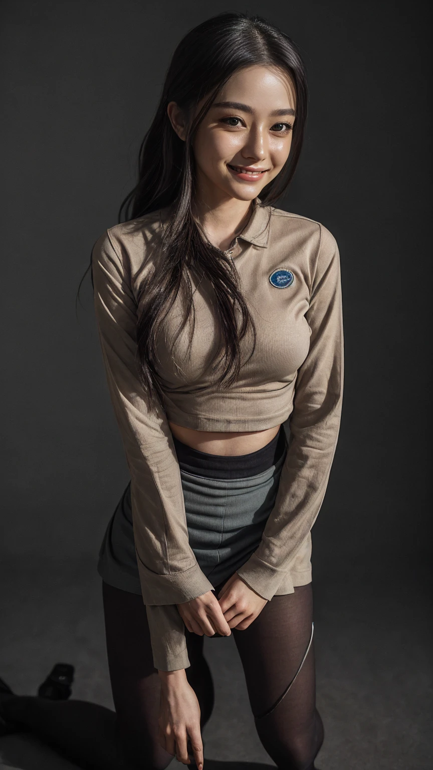 xoaeriel, a beautiful woman with wavy brown hair, ojos azules, nariz redonda, vistiendo un cohete de equipo,uniforme del equipo cohete,falda blanca,letra roja R,top corto,medias negras hasta el muslo,guantes negros hasta el codo,hiperealista