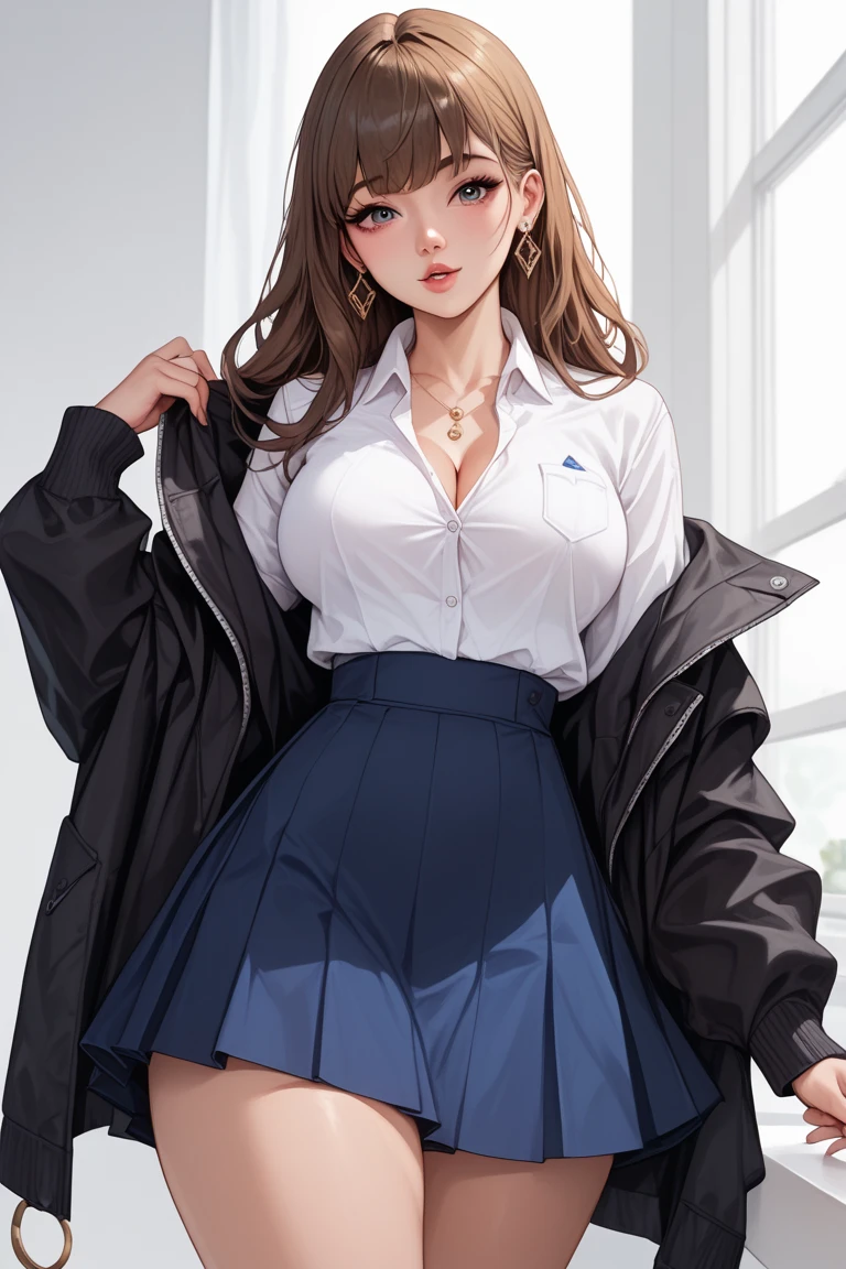 1girl, curvy Korean young adult girl, long straight brown hair with bangs, white dress shirt, black jacket, blue skirt