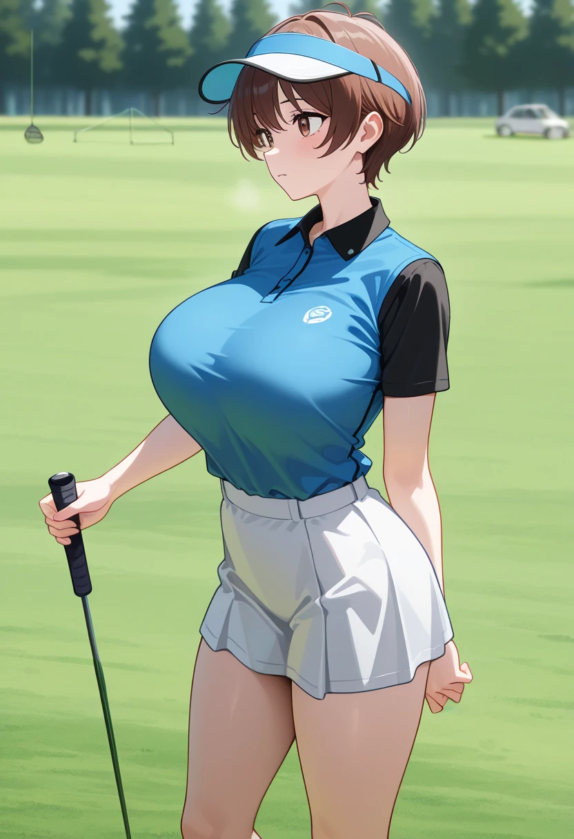 masterpiece, top quality  , safe,  1 girl　cool and handsome boyish 20 year old, , big breasts　 short hair　 slender figure 　nsfw　 is leggy　 thin waist　 golf wear 　Golf Skirt　Outdoor　 golf course　 visor　Golf Swing　 punch　Brasilia
