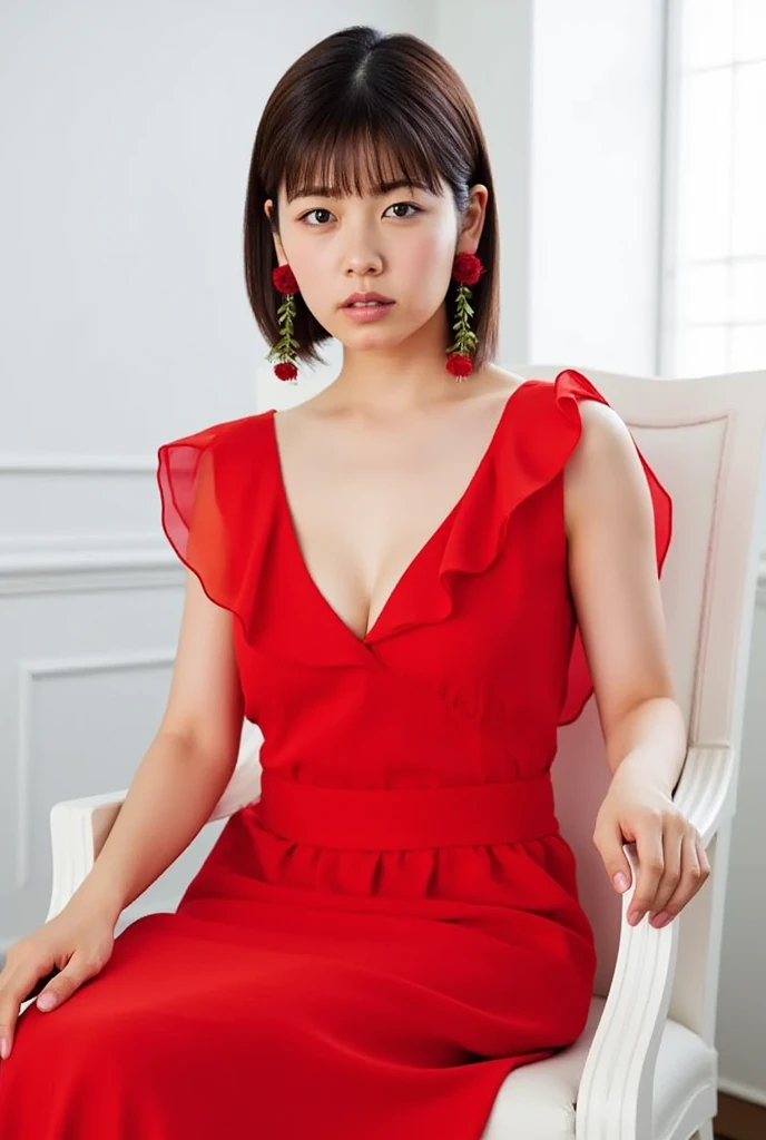 The image is a portrait of a young woman named koshiba_fuka sitting on a white chair. She is wearing a red dress with a deep V-neckline and ruffled sleeves. The dress has a fitted bodice and a flared skirt that falls below her knees. She has a pair of red rose earrings hanging from her neck. Her hair is styled in a sleek bob with bangs and she is looking directly at the camera with a serious expression. The background is blurred, but it appears to be a room with white walls and a window. The overall mood of the image is elegant and sophisticated.