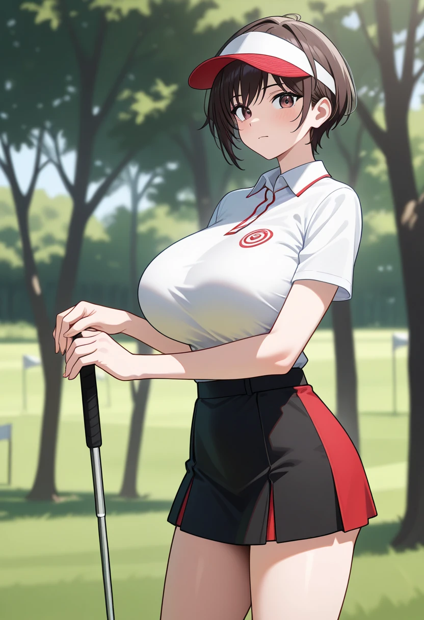 masterpiece, top quality  , safe,  1 girl　cool and handsome boyish 20 year old, , big breasts　 short hair　 slender figure 　nsfw　 is leggy　 thin waist　 golf wear 　Golf Skirt　Outdoor　 golf course　 visor　Putter Golf　 punch　Brasilia
