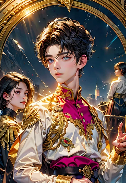  High-quality masterpiece ,  official art ,  Beautifully aesthetically pleasing , 1 Alibaba boy ,  highly detailed ,  fractal art , A colorful masterpiece, The most detailed. boy flies on a magic airplane carpet over a modern city with skyscrapers! bright , sparkling golden background, gallactica  ,  stars , confuse, A whirlwind of colors , A fantasy masterpiece , soft smile, pupils in the center of the eyes