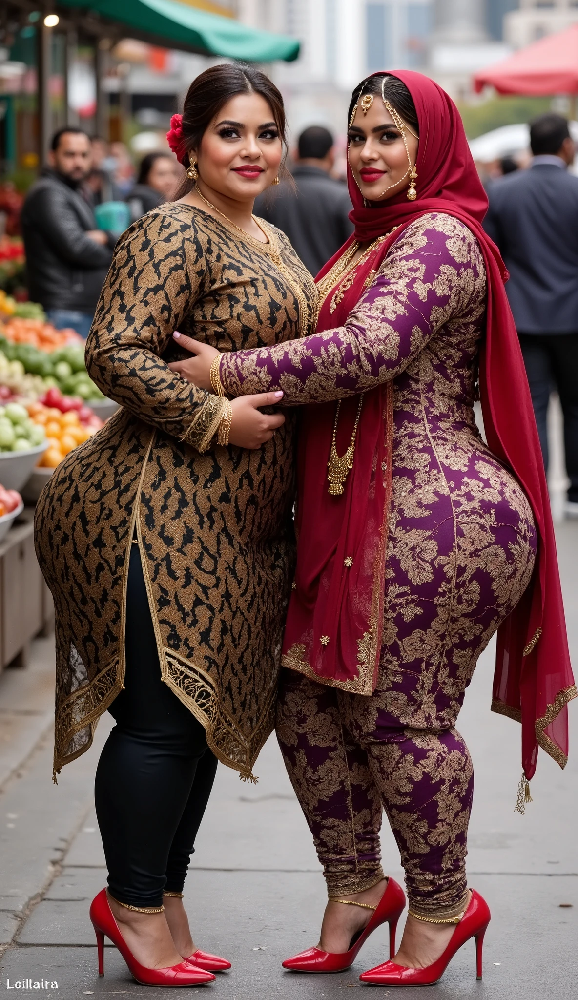 I am 40 year old plus size tall and big giant indian muslim women, looking like indian actress hansika motwani, wearing a gold and black boarded transparent kurti and shining reflective glossy cyan ankle length leggings and red hijab,white-skin,white skin tone, beautiful face, red lips, clean skin, celebrity face, thick leggs, round ass,bulging ass,huge breast, i am hugging another 40 plus size tall and big giant indian wife, looking like indian actress anushka shetty, wearing shining reflective glossy bronze ankle length leggings and purple golden boarded transparent kurti, white skin tone, beautiful face, red lips, clean skin, celebrity face, thick leggs, round ass,bulging ass,huge breast,all indian ornaments like ,gold chain,gold necklace,gold ear ring with chain connect with nose ,nose stud ,auspicious thread in Necklace, Armlet, bangles,red sindur on head,women standing looking the viewer,both women have huge bulging  hips,smiling happy face,red and gold stileto heels,looking straight to camera, realistic photo, looking straight to camera,full body image,wide angle shot in camera, realistic photo,a quarter back side view of women,in a crowded vegitable market, people watching women, 