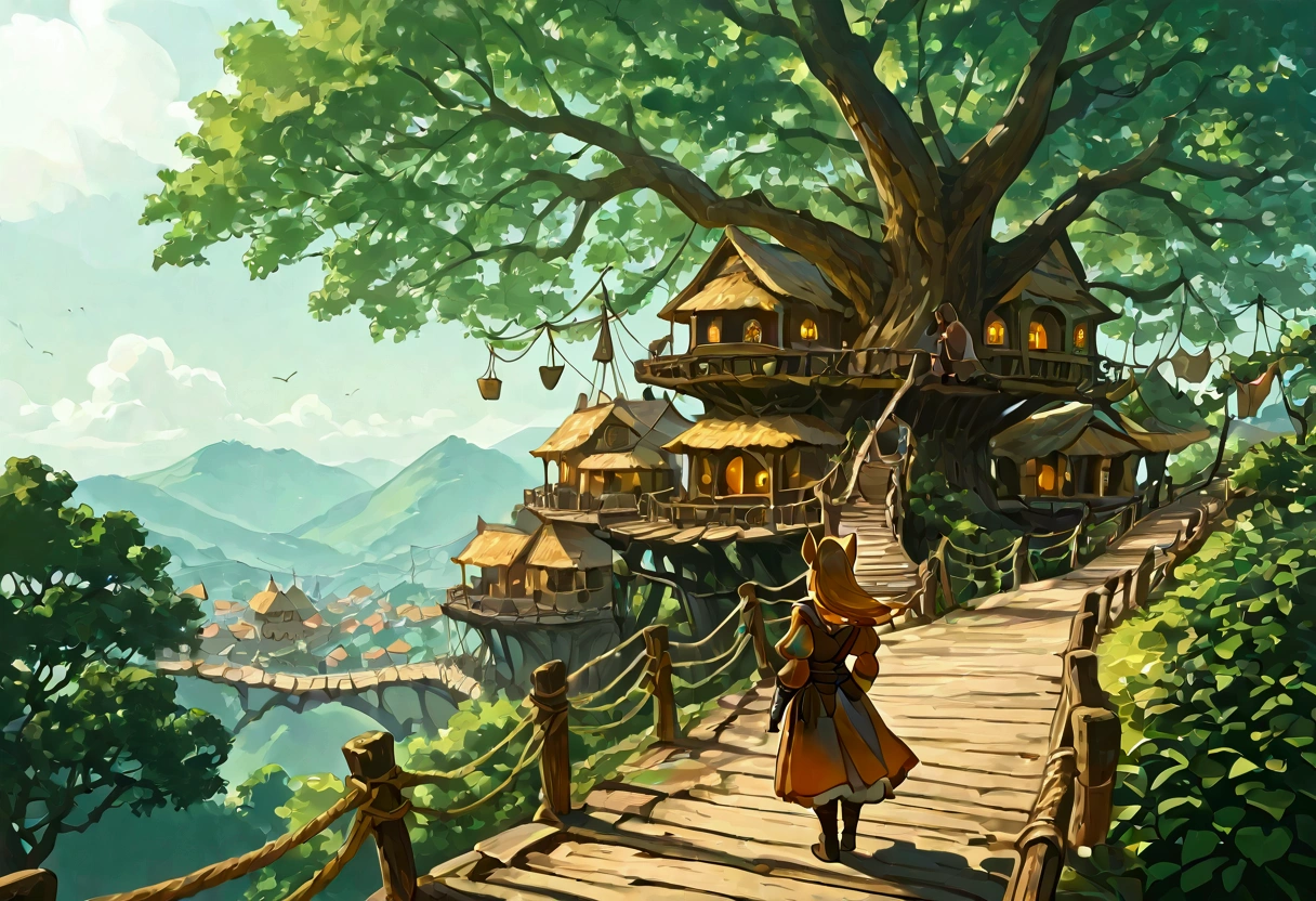 Bustling medieval fantasy tree-village with anthropomorphic animal citizens