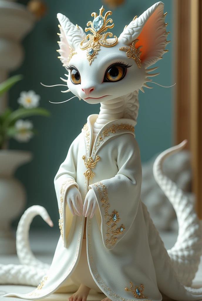 A small and cute white lion spawns an adorable non-human celestial animal in the celestial and fantasy style. the animal is supposed to be the most beautiful animal ever created. Consider details such as soft, feathers, silk, satin, shimmer and shimmer. Include subtle details of ghostly iridescence. emphasize small fancy details and ornate jewelry. Camera: Use interesting and dynamic composition. increase visual interest. lighting: use ambient lighting that enhances the atmosphere of the fantasy. include bright colors and deep shadows. hires, detailed eyes, hires detailed eyes, hires small details, elaborate details, ornate, 8k, shimmer, unity, official cgi unreal engine, high resolution, (((masterpiece))), high quality, high resolution, detail enhancement, (bright and light-eyed),