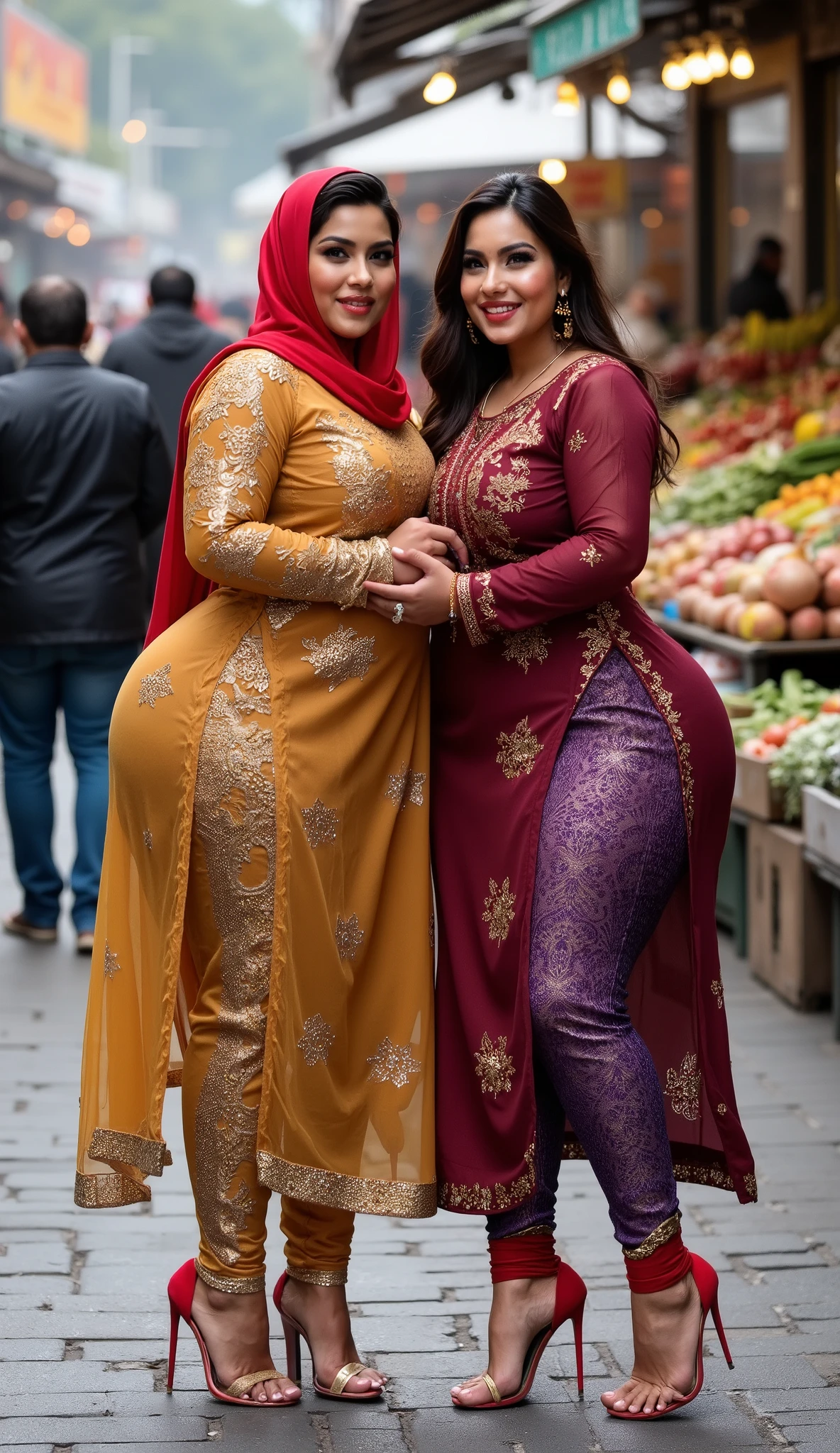 I am 40 year old plus size tall and big giant indian muslim women, looking like indian actress hansika motwani, wearing a gold and black boarded transparent kurti and shining reflective glossy cyan ankle length leggings and red hijab,white-skin,white skin tone, beautiful face, red lips, clean skin, celebrity face, thick leggs, round ass,bulging ass,huge breast, i am hugging another 40 plus size tall and big giant indian wife, looking like indian actress anushka shetty, wearing shining reflective glossy bronze ankle length leggings and purple golden boarded transparent kurti, white skin tone, beautiful face, red lips, clean skin, celebrity face, thick leggs, round ass,bulging ass,huge breast,all indian ornaments like ,gold chain,gold necklace,gold ear ring with chain connect with nose ,nose stud ,auspicious thread in Necklace, Armlet, bangles,red sindur on head,women standing looking the viewer,both women have huge bulging hips,smiling happy face,red and gold stileto heels,looking straight to camera, realistic photo, looking straight to camera,full body image,wide angle shot in camera, realistic photo,a quarter back side view of women,in a crowded vegitable market, people watching women,