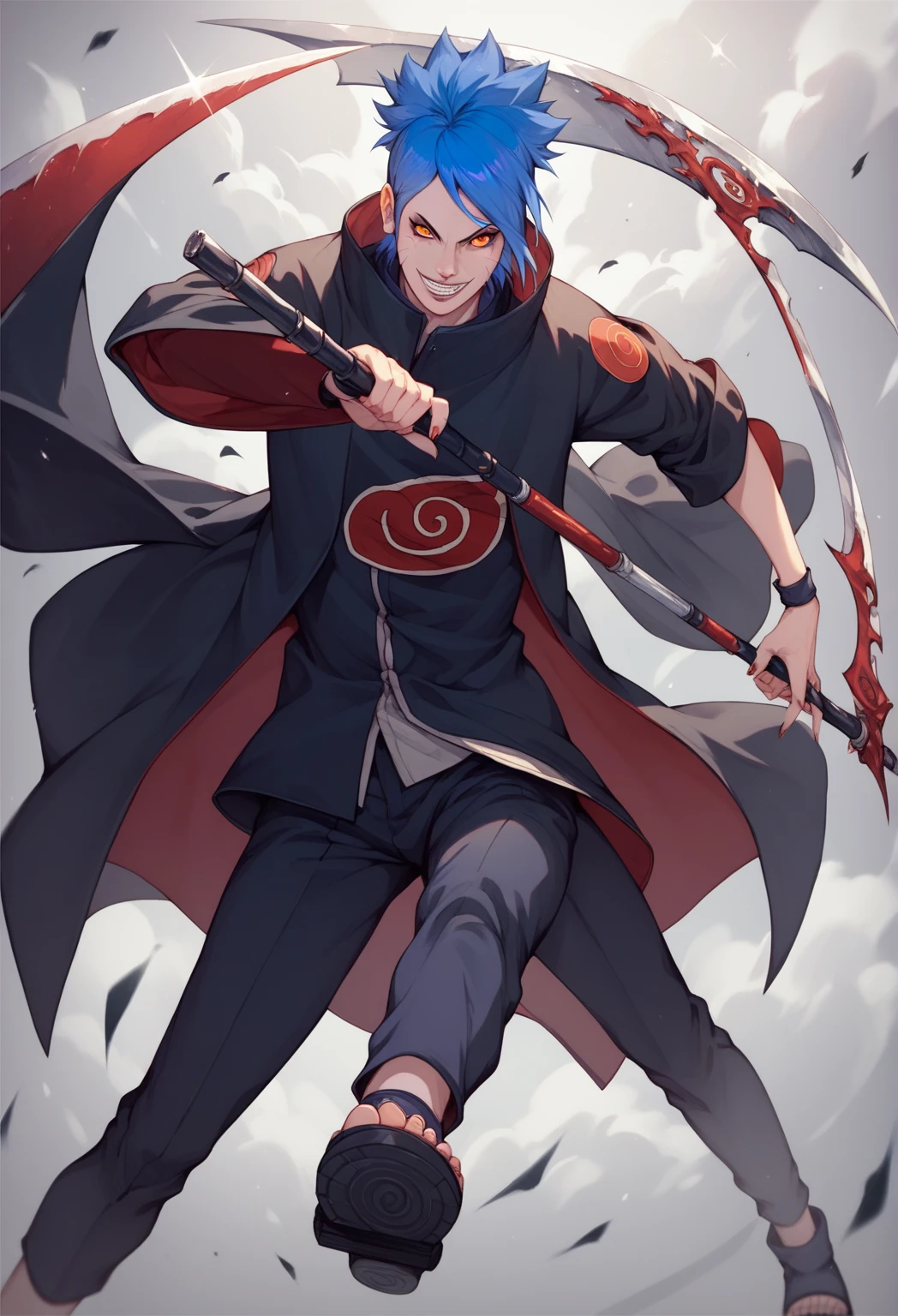 naruto character konan, black coat, blue hair, holding a scythe, looking like death, evil smile, alone 