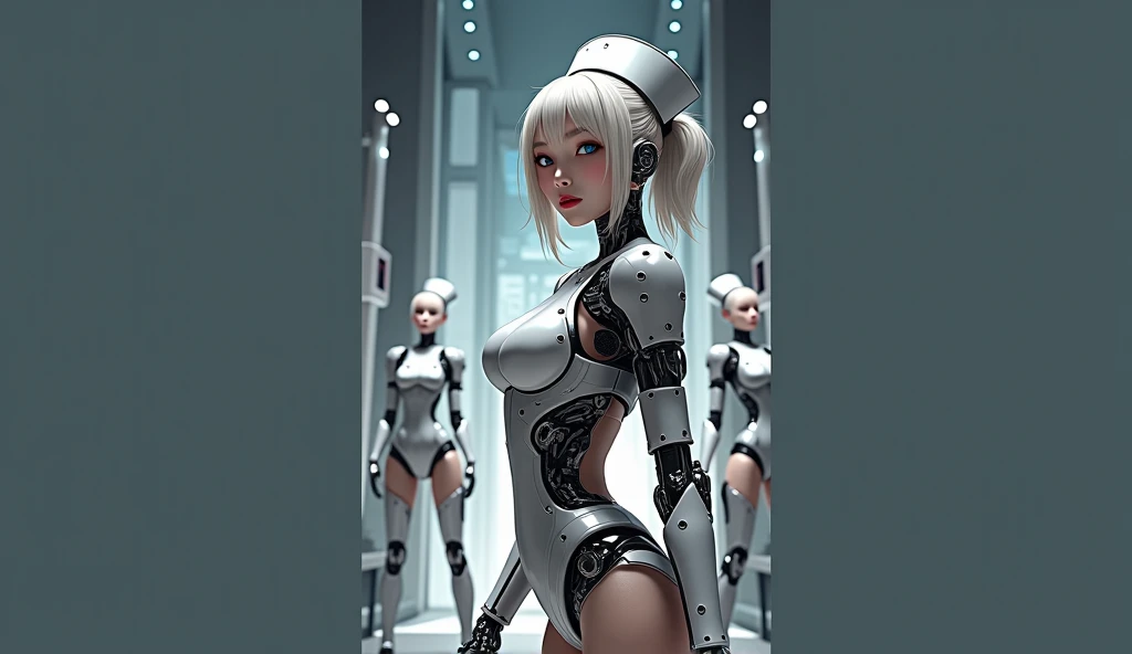 temperament，ellegance，sweet，White，Slightly expose the，long whitr hair，delicated，Beautuful Women，There are cyber-style robots behind them