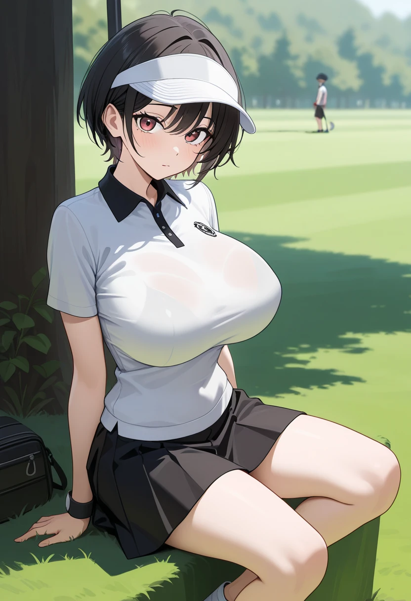 masterpiece, top quality  , safe,  1 girl　cool and handsome boyish 20 year old, , big breasts　 short hair　 slender figure 　nsfw　 is leggy　 thin waist　 golf wear 　Golf Skirt　Outdoor　 golf course　 visor　Putter Golf　 punch　Brasilia　Play Golf
