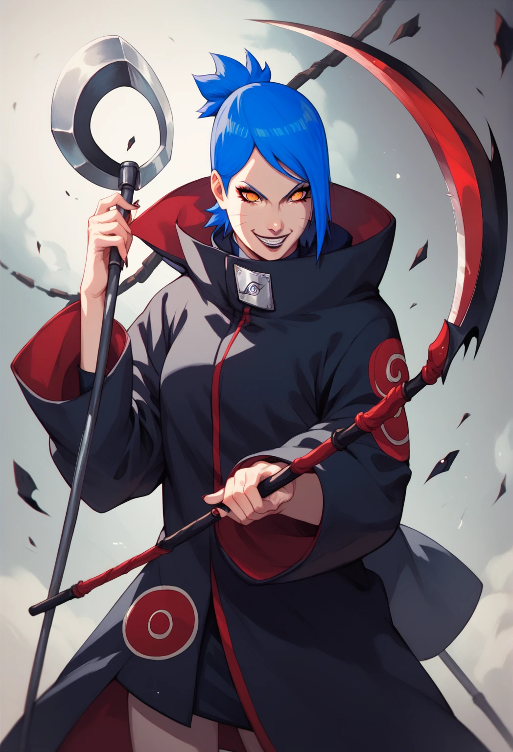 naruto character konan, black coat, blue hair, holding a scythe, looking like death, evil smile, alone, female