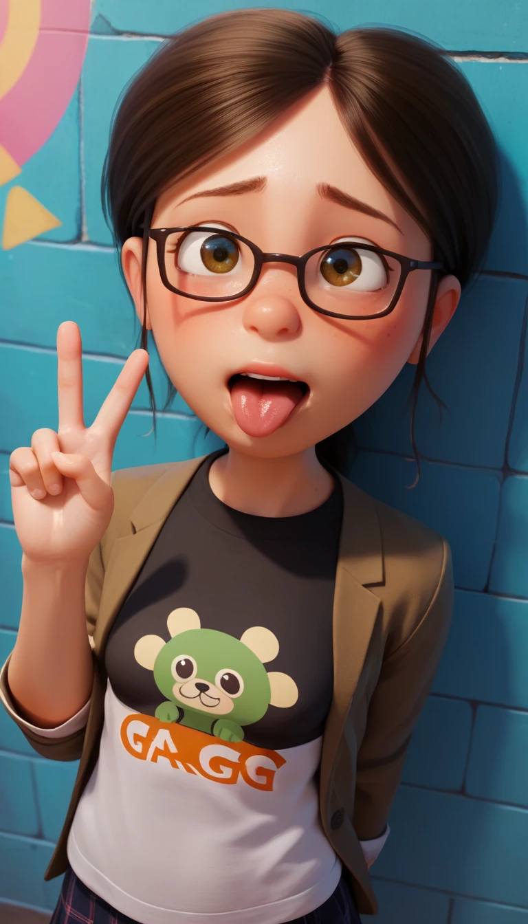 , 1 , MargoG ,  brown-eyed , ponytail,   portrait, ahegao, glasses,   looking at the viewer, just the face,  small breasts , mini  small breasts , wall in the background,  in front , peace sign 