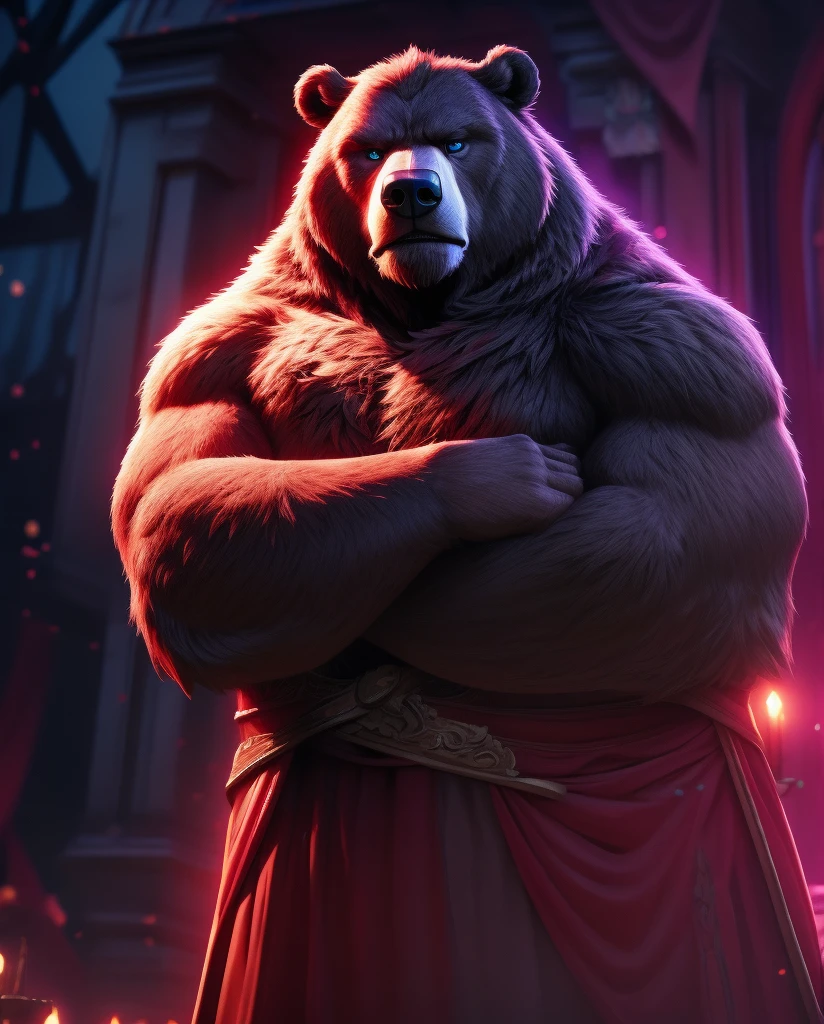 a super fat daddy bear ,detailed face, long tail, full body,  4k, best quality, ultra-detailed, hyper realistic, highly detailed, intricate details, volumetric lighting, cinematic lighting, vibrant colors, dramatic shadows, fantasy, digital art, concept art