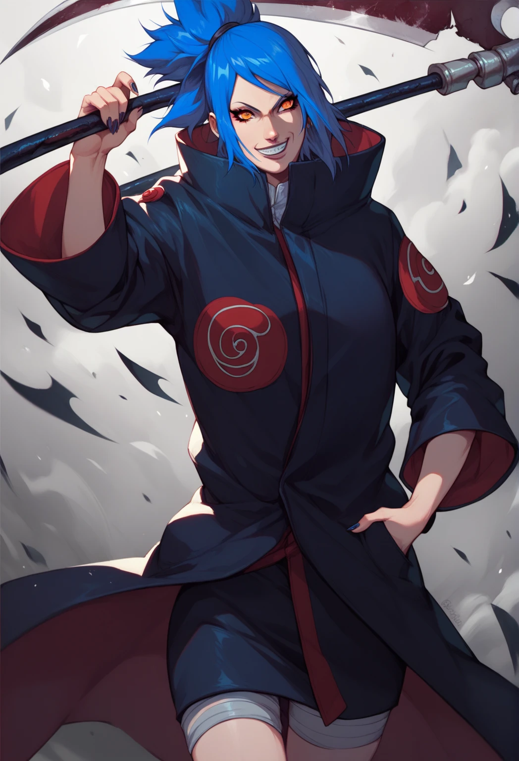 naruto character konan, black coat, blue hair, holding a scythe, looking like death, evil smile, alone, female