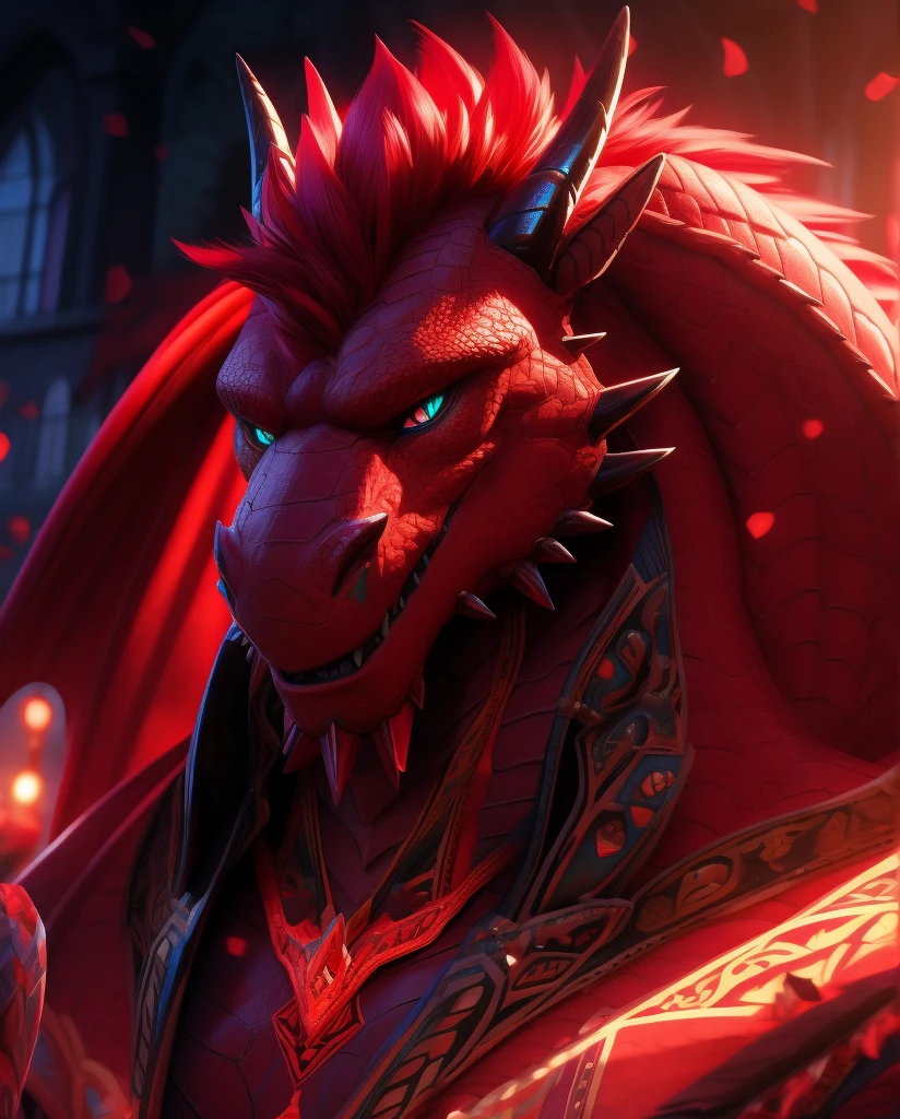 a super fat daddy dragon, red hair, detailed face, long tail, full body,  4k, best quality, ultra-detailed, hyper realistic, highly detailed, intricate details, volumetric lighting, cinematic lighting, vibrant colors, dramatic shadows, fantasy, digital art, concept art