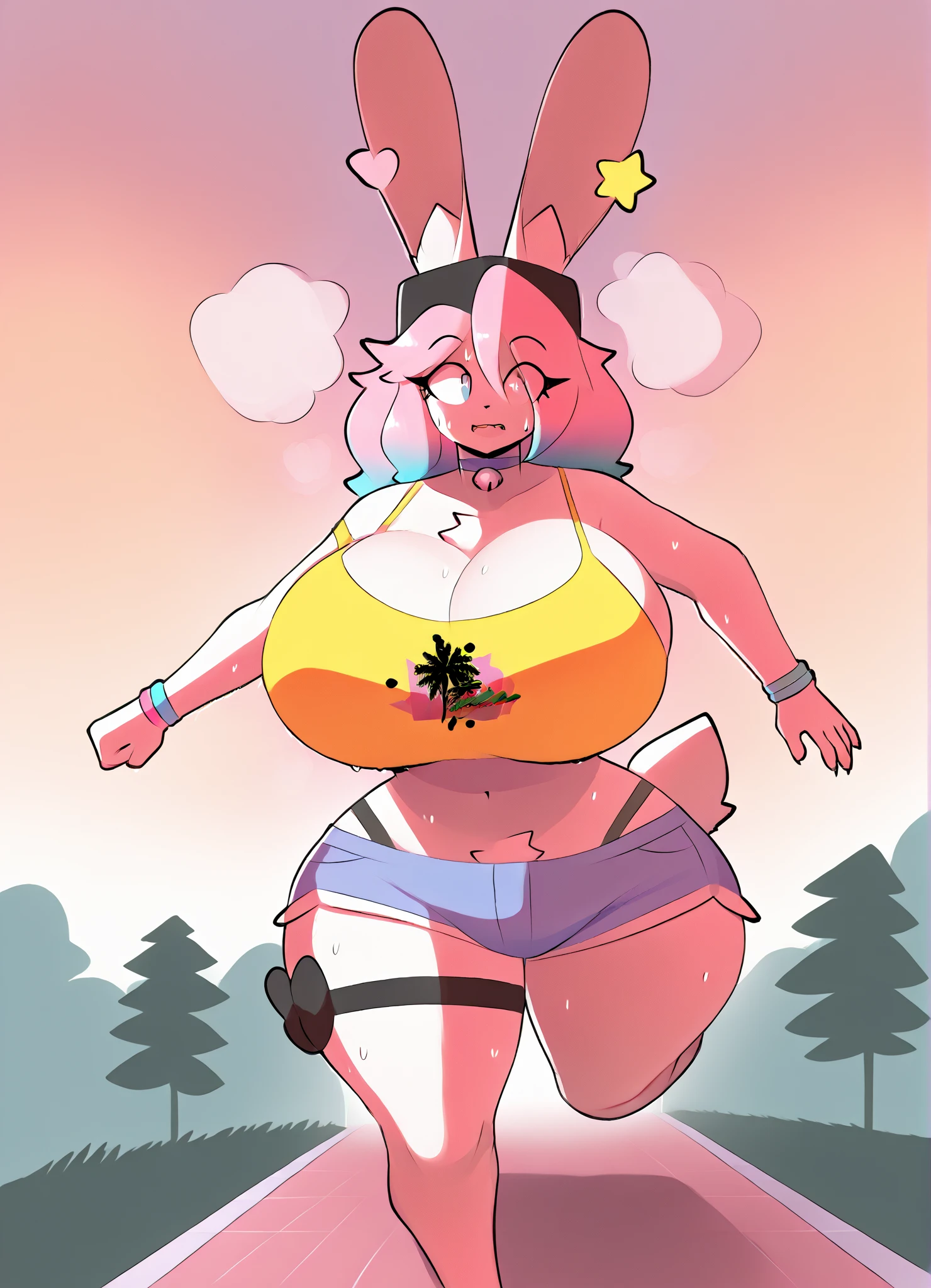score_8_up, score_9_up, (by theycallhimcake), PB, rabbit, pink hair, highlights, white fur, short shorts, crop top, huge breasts, jogging, running, sweat, outside,