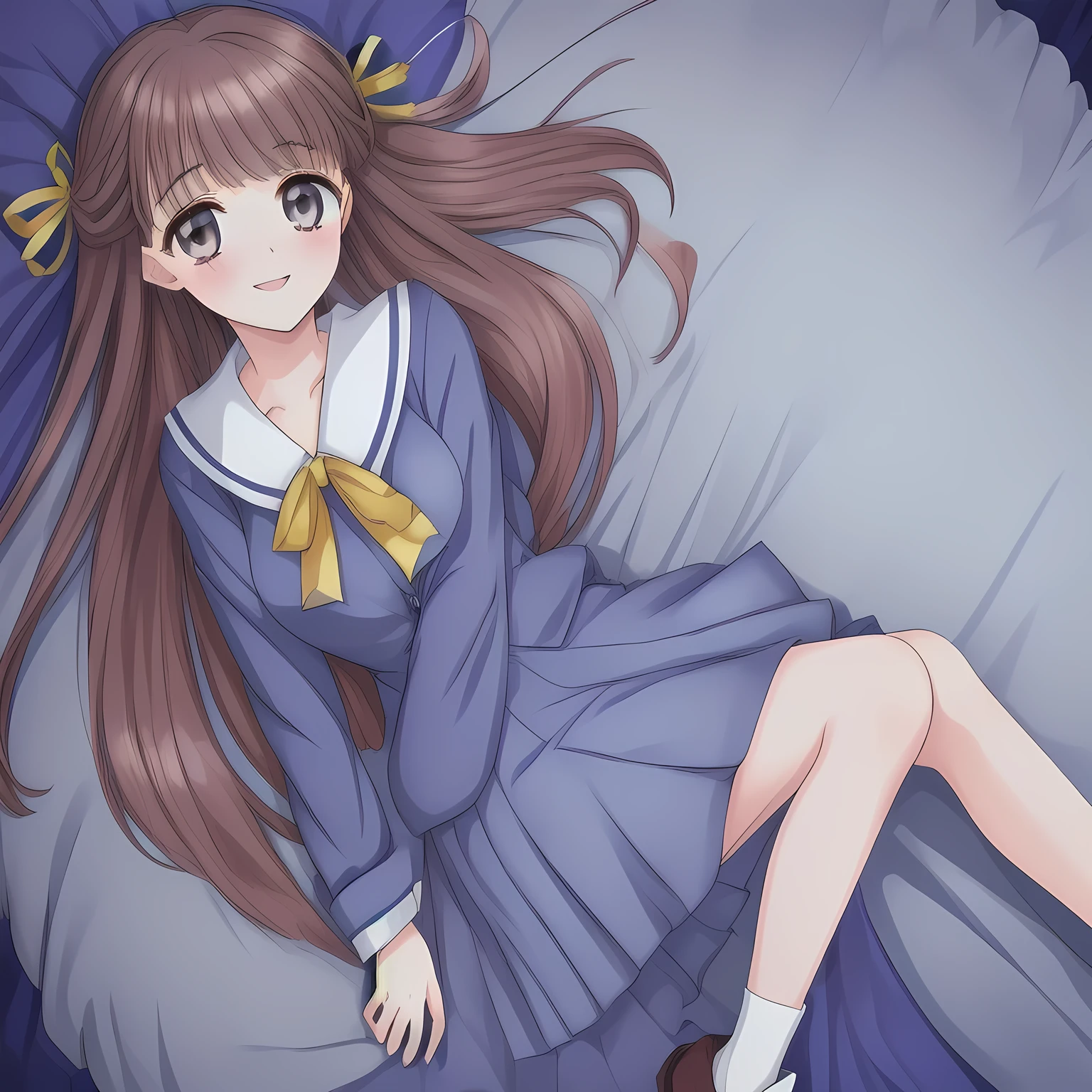 (highest quality, masterpiece: 1.6), (Too pretty intelligent girl with navy uniform is posing as a fashion magazine model with a perfect supreme smile, looking down elegantly and laughing at the viewer, Too Beautiful noble 18yo beautiful anime noble heroine, unbelievable beauty, beautiful giggling noble elegant 18yo neat anime heroine wares completely white neat blouse covered by navy-blue-expensive-blazer and navy-blue-checkered-pleats-school-skirt with metallic luster, the skirt should cover the knees to be neat, inviting me to the world of neat school-uniform pleasure, Noble Elegant blazer-style school uniform with prettiest blouse and blue-breast ribbon, beautiful legs with white socks, loafers: 1.5), (Anime-heroine's noble brown winked bewitching eyes are very narrowed due to extreme laugh.  The eyes have deep strong effect of allusion to the viewer: 1.6), (Eyes, face and hair are especially beautifully detailed and beautifully drawn: 1.8), (Girl whom everyone loves because of her beauty and lovely fashion and noble manner and magic-charm: 1.4), (Very beautiful, various, cute gorgeous rich dark black hair like seducing hair model, with elegant big yellow hair ribbons: 1.5), (Perfect style like a famous school fashion model: 1.2), (Clearly-detailed well-contrasted neat bewitching too-expensive atmosphere foreground: 1.8), (Dark-blue background: 1.9), (Viewer can't to stop falling into deep allusion by her beautiful seducing sweet pure soprano voice with extreme pleasure with high-class classic music: 1.8), (Show her front and back of full-body shots on the bed side by side. Only beautiful long legs can cross the center and can be intertwined: 1.5)