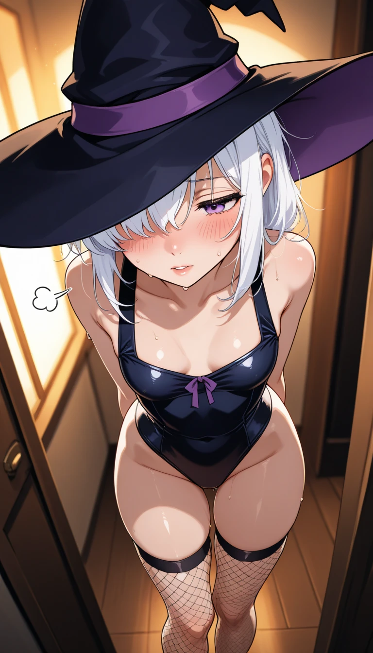 1  ,      long, disheveled white hair  ,  purple eyes ,     hair covering an eye      ,  (    witch costume   :    Shiny black swimsuit   ,fishnet stockings,black cover,    witch hat   ),    big  ,    perfect eyes   ,  olhos grandes  ,      upturned nose,Blush,Clean face,oval face, sigh,moan,   full lips      ,      exposed legs      ,        thick legs        ,  Standing like   ,      Half-closed eyes   ,Sweat,  Bottom:    A dark living room   ,      cinematic lighting      ,Touches of Magic   ,
