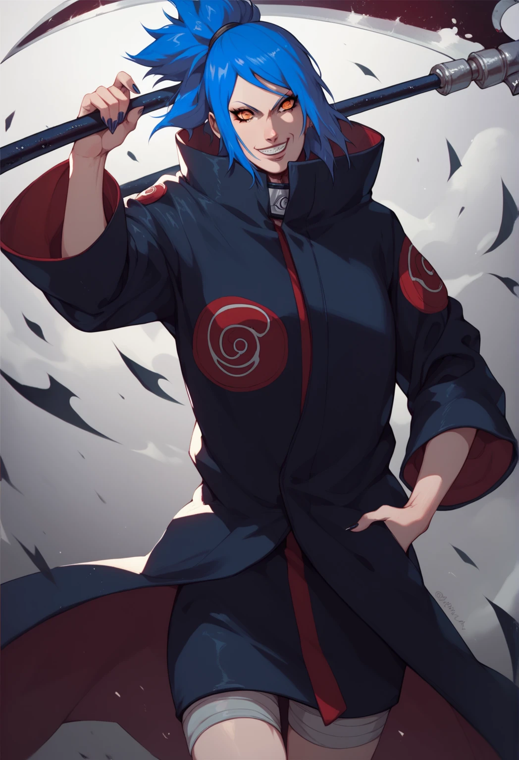 naruto character konan, black coat, blue hair, holding a scythe, looking like death, evil smile, alone, female