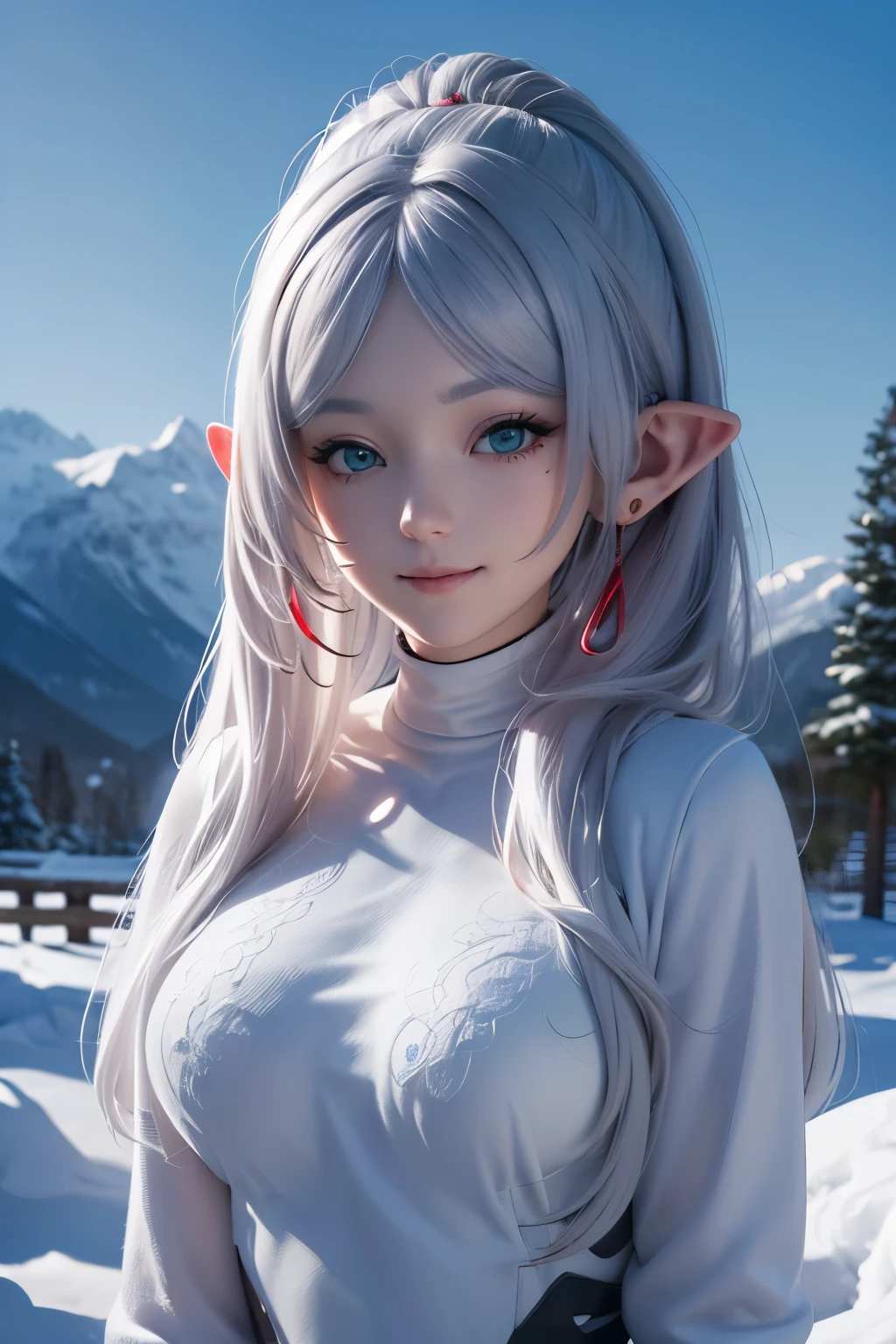 (ultra Realistic) , (illustration), (Enhance resolution), (8k), ( Extremely Detailed), ( detailed face ), Slim Body, in the dark , deep shadow, low profile, pureerosfaceace_v1, Happy smile, Winter, Mountain