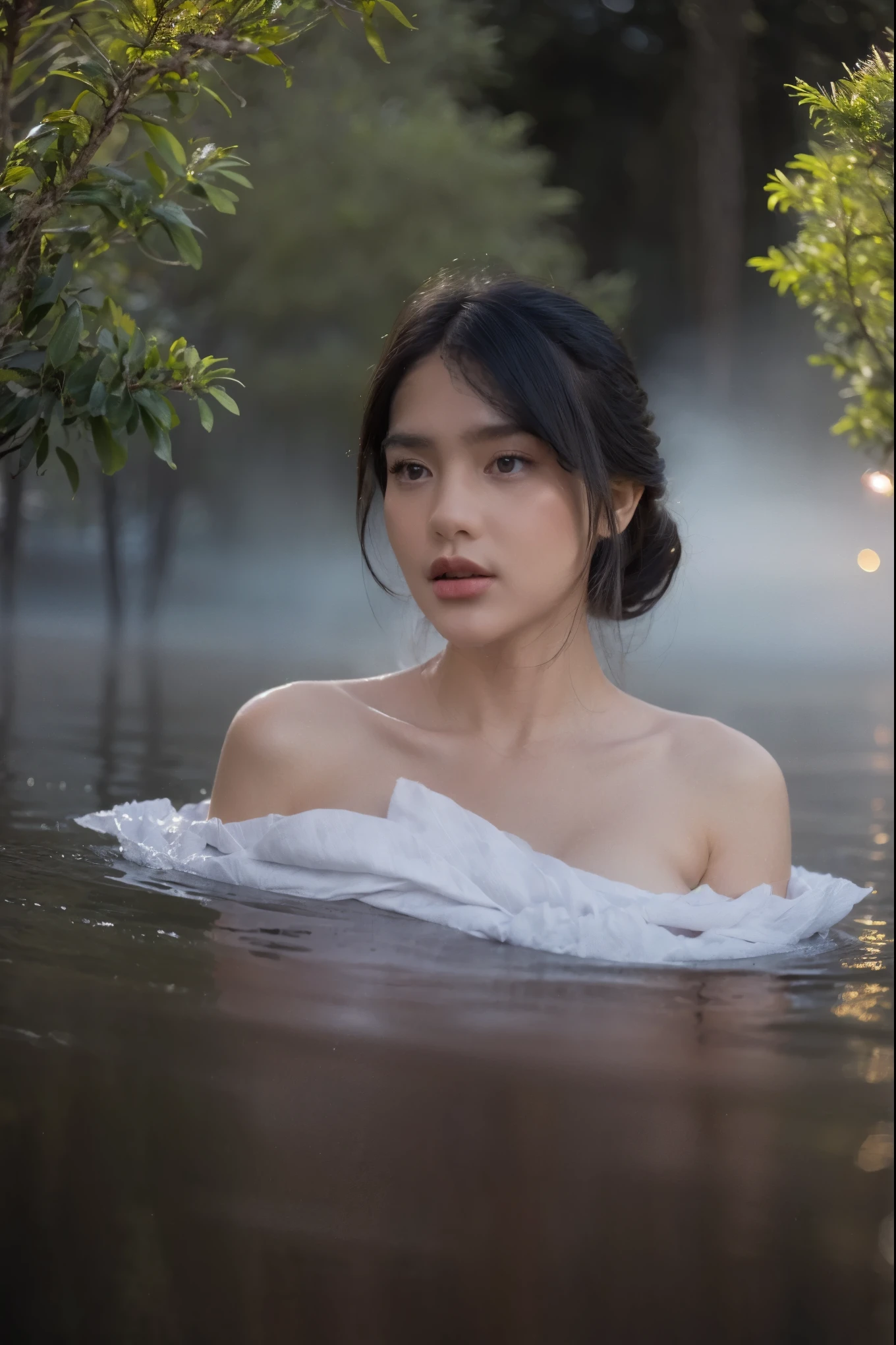 (masterpiece, best quality:1.2, 8k RAW photo, cinematic, high detailed photograph, natural soft lighting, photorealistic, realistic, mystic atmosphere), a full body photograph of a young beautiful female forest ghost with medium breast, ((bare naked, fully nude)), (((coming out of the deep foggy lake,  in a natural foggy forest, thick fog))), (heavy rain:1.5), temptating, seducing, hypnotizing viewer to join her in the spirit world, (((mystical night scene)))