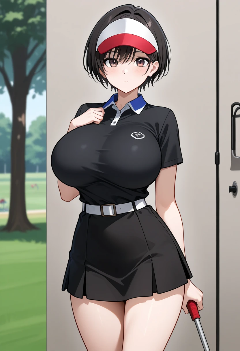 masterpiece, top quality  , safe,  1 girl　cool and handsome boyish 20 year old, , big breasts　 short hair　 slender figure 　nsfw　 is leggy　 thin waist　 golf wear 　Golf Skirt　Outdoor　 golf course　 visor　Putter Golf　 punch　Brasilia　
