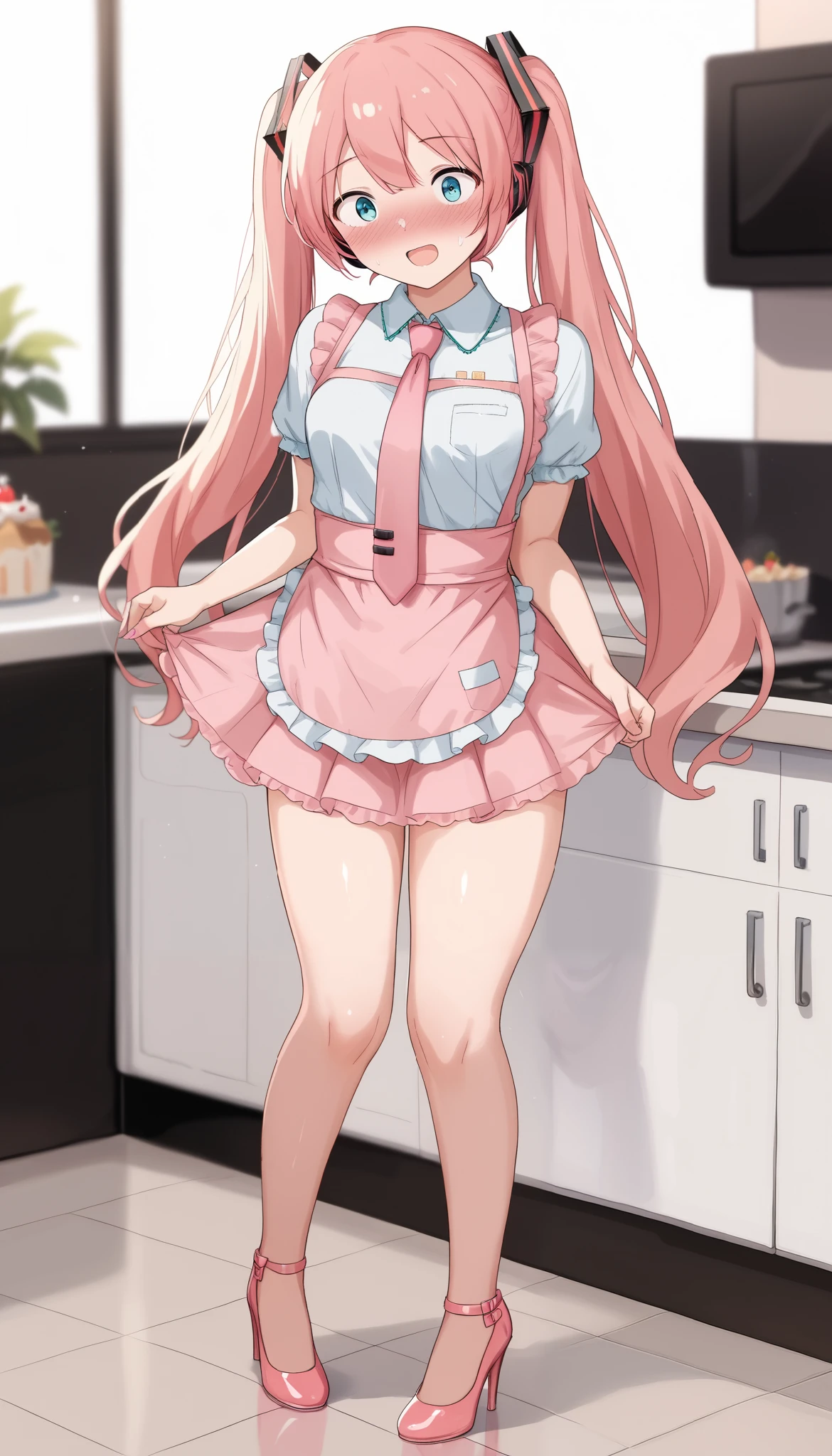 (( Hatsune Miku )), ((Cute Cafe Clerk 、white fitted shirt 、 Pink Necktie 、 Sexy Apron 、 pink ruffle mini skirt、Beautiful skin colored thighs 、 high heels by Miguel、 delicate white lace decoration )), top quality , very detailed, (blush、I'm so surprised)(Height: 160cm)、(( anatomically correct body))、( very small breasts:0.1), (28-year-old woman)( healthy body) cake shop kitchen 、cake making 、(blush)Great emphasis on cleavage 、Front view、Stare at me、( cross my arms and pull my chest)