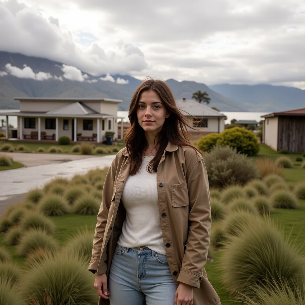 Isabella posing with random clothes in a cloudy and windy day in Puerto Isabella stands alone on a misty Chilean hillside under the glow of a crescent moon. She wears a mismatched ensemble of thrift store finds, the colors clashing against the darkness. The chill of the Patagonian winter hangs heavy in the air as she poses confidently, her breath visible in the frosty night. A scattering of stars twinkles above, and in the distance, the Andes rise like giants, their rugged peaks a backdrop to Isabella's eclectic style. southern Chile 