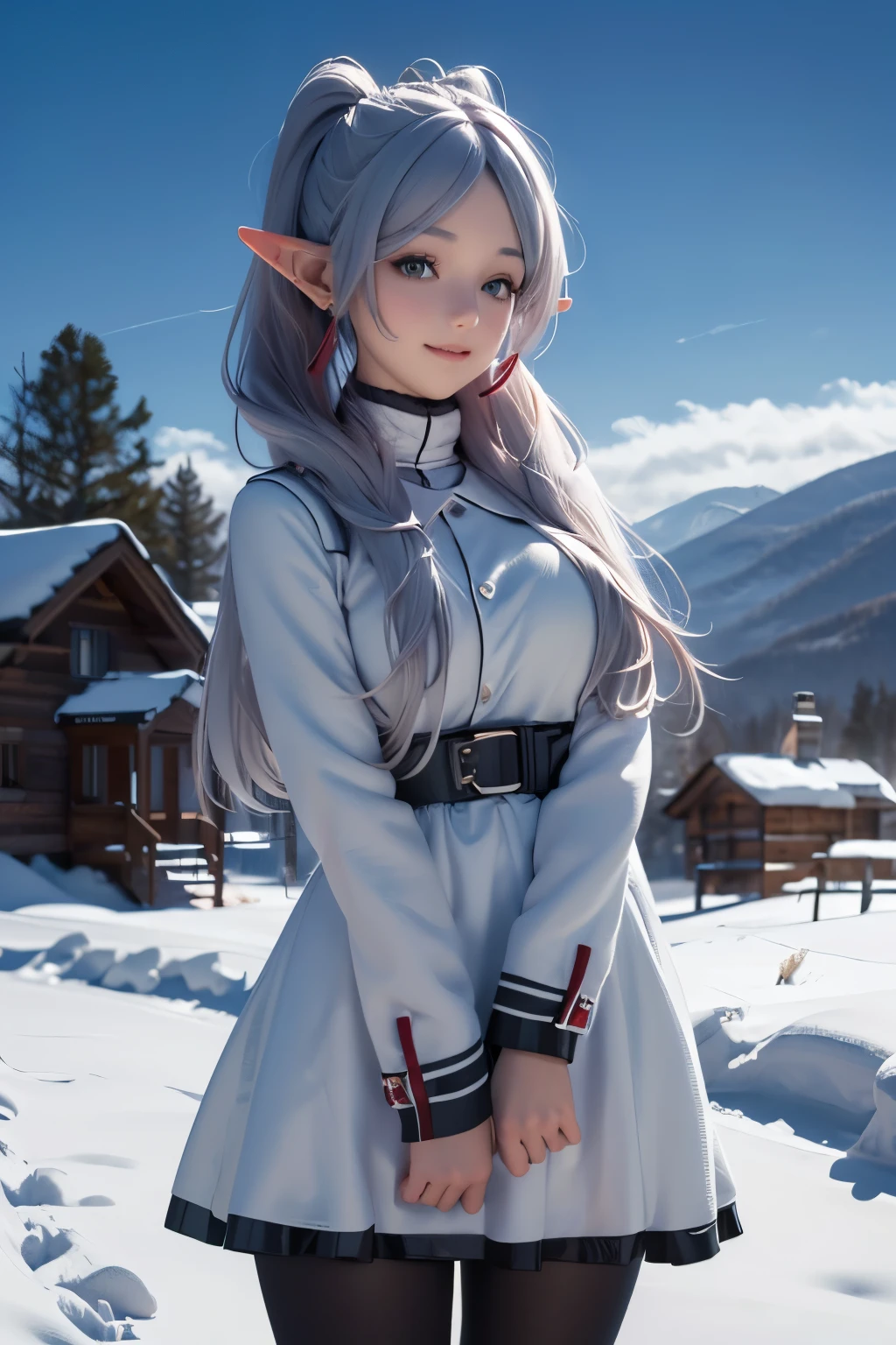 (ultra Realistic) , (illustration), (Enhance resolution), (8k), ( Extremely Detailed), ( detailed face ), Slim Body, in the dark , deep shadow, low profile, pureerosfaceace_v1, Happy smile, Winter, Mountain