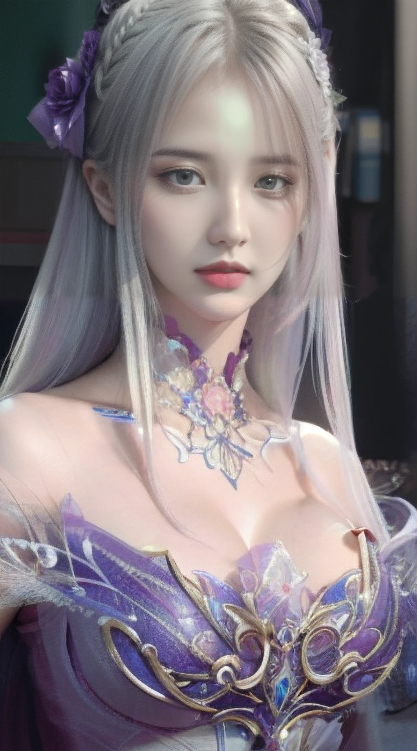 (masterpiece, top quality, 1 female, solo, exquisite details, chromatic aberration), (realistic), (skin), ((breathing)), (silver hair, blunt bangs, short straight long hair, short bangs, silver hair), beautiful hair, red headdress, blue highlights, hair over one eye, pretty eyes, purple eyes, thick lips, earrings, piercing eyes, ((gold and white kimono)), ((symmetrical eyes)), ((perfectly symmetrical body)), ((perfectly symmetrical hands)), (purerosface_v1:0.3), night, ((self, natural light))), bright lighting, flowers blooming in the background, in front of the viewer, ((central shot, from the front, (face and shoulders))), mysterious atmosphere, flowers blooming around, light colored background, fortune teller in kimono, beautiful fortune teller, fortune teller, fantasy female fortune teller, female fortune teller, f Fantasy photography, magician, witch fairy tale, Japanese style, elegant cinematic fantasy art, fantasy woman, sorceress portrait, casting spells, fortune teller, powerful wizard stands among mystical colorful flowers, fluttering robes adorned with symbols, holding a glowing heart crystal ball, eyes glowing with mystical energy, spells leaking from his mouth, vivid swirling patterns of black magic pulsating with iridescent hues appear in the air, magic permeates, flowers bloom, sacred creatures gaze in awe, threads of magical energy dance, revealing hidden realms, unravelling secrets, capturing the essence of this enchanting moment and bringing to life the mystical power of witchcraft on a canvas of the highest quality and finest detail. Top Quality, Masterpiece, Ultra High Resolution, (Photorealistic: 1.4), RAW Photo, Sharp Focus, High Resolution, Detailed Skin.