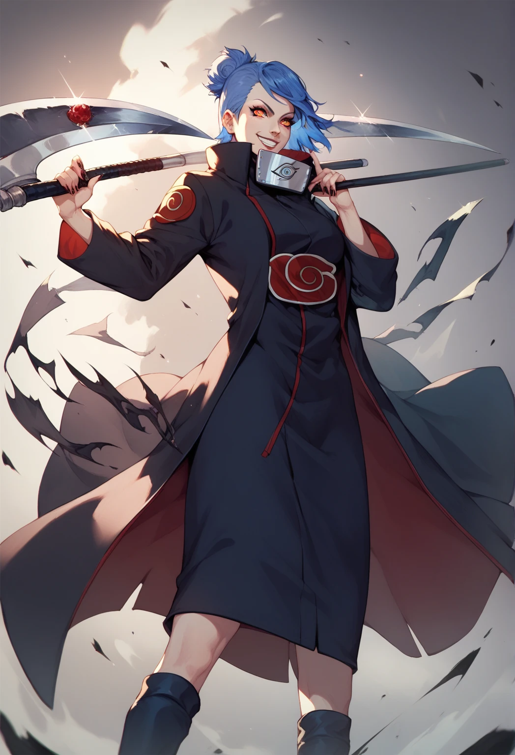 naruto character konan, black coat, blue hair, holding a scythe, looking like death, evil smile, alone, female