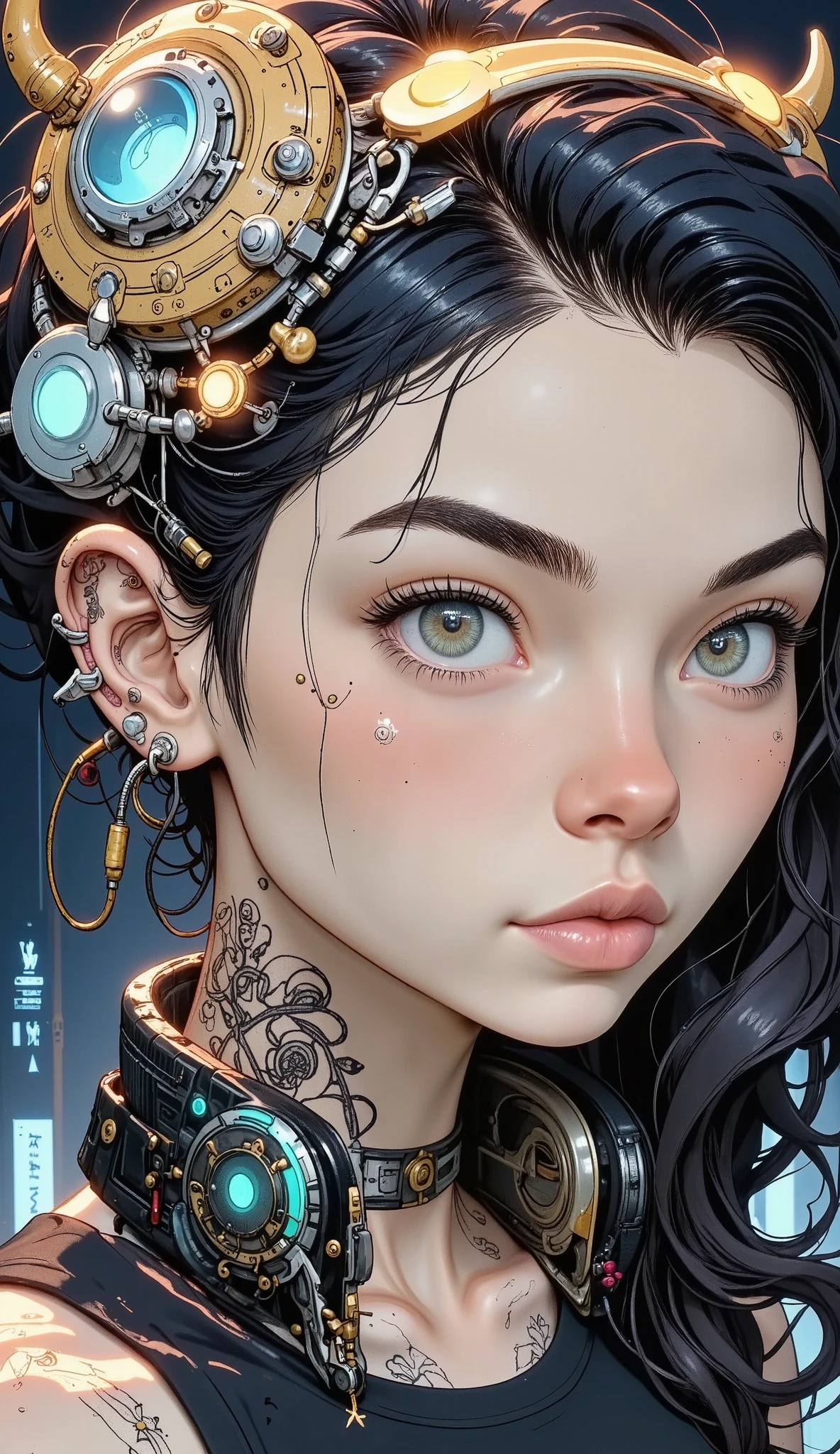1 mechanic girl, ultra realistic details , retrato, iluminandión global, darkness, representation of octane , 8K, Ultra sharp,intricate, Detailed ornaments, cool colors, metal, Egandptian details, highland intricate details, Realistic light, tendencia en CGsocietand, bright eyes, in front of the camera, neon details, mechanical members, blood vessels connected to tubes ,mechanical vertebra that connects the back,Fijandión mecánica cervical al cuello, session,cables and wires connected to the head. and_neg1