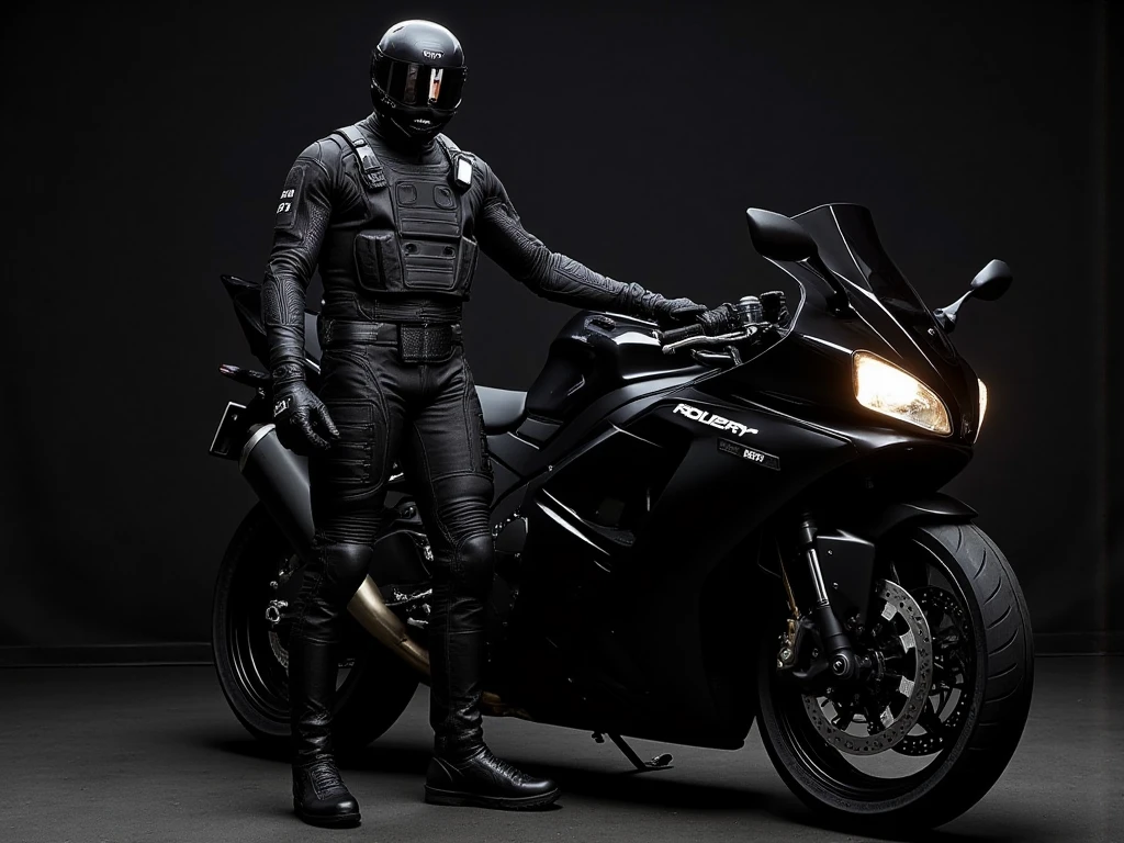 A full-body image of a muscular adult male dressed in police tactical gear, PTU-style, wearing a black leather full-body suit, mask, and tactical boots. The sleek leather outfit provides full coverage, exuding a dark and intense atmosphere. The scene is illuminated by low light, casting dramatic shadows that enhance the mysterious and powerful presence. He stands beside a heavy-duty police motorcycle, ready for action. The composition emphasizes his commanding stance and the tactical precision of his gear,Future City Technology,blending a sleek, futuristic aesthetic with a gritty, law enforcement vibe.