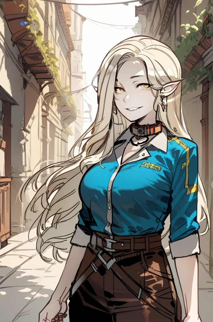  long hair,  big breasts,  blond hair , Adventurer outfit , yellow eyes, Elf ears,  Collar around the neck, Earrings, smile, 