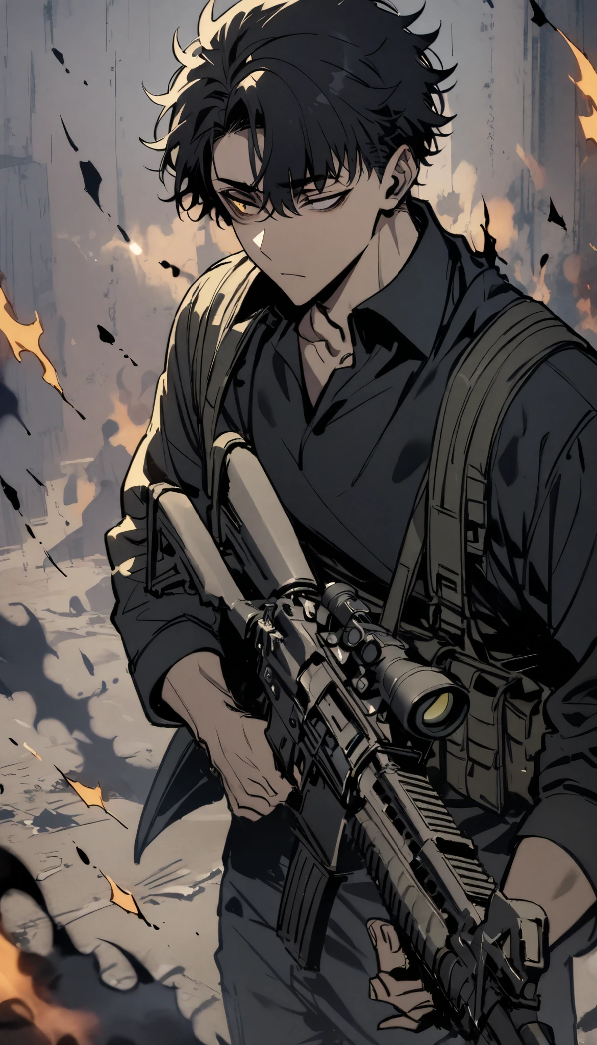 Handsome, alone, male, Short hair,, black hair, black yellow odd eye, black shirt, black pants, Black coat, black flame,holding a assault rifle, left eye inverted eye