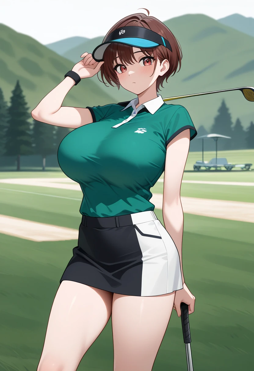 masterpiece, top quality  , safe,  1 girl　cool and handsome boyish 20 year old, , big breasts　 short hair　 slender figure 　nsfw　 is leggy　 thin waist　 golf wear 　Golf Skirt　Outdoor　 golf course　 visor　Putter Golf　 punch　Brasilia　golf lessons　Middle-aged man
